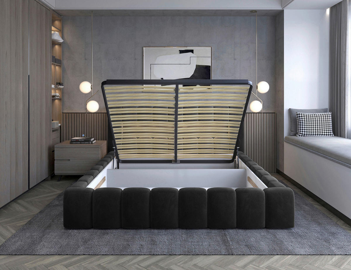 POLSTERBETT Beleuchtung, Lattenrost, Bettkasten 160/200 cm  in Schwarz  - Beige/Schwarz, MODERN, Holz/Kunststoff (160/200cm) - MID.YOU