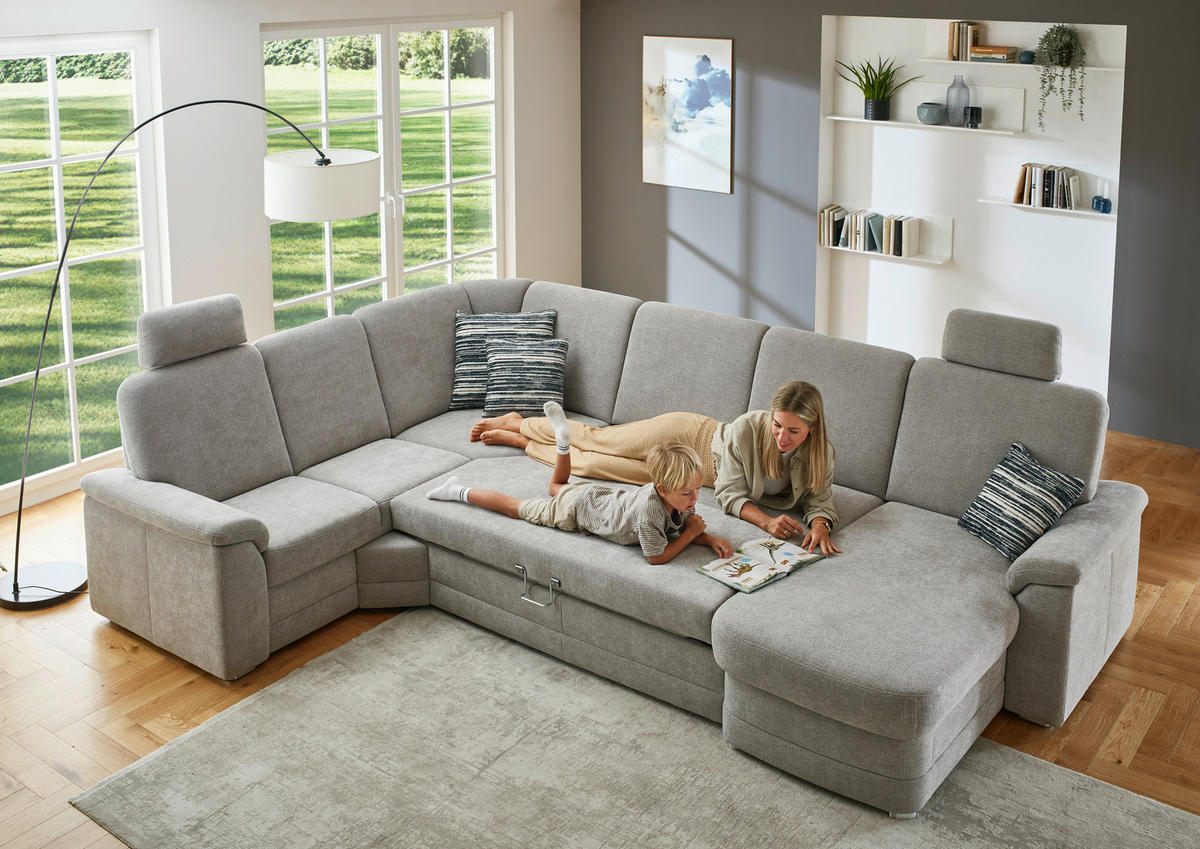 WOHNLANDSCHAFT Chenille Hellgrau  - Hellgrau/Alufarben, Konventionell, Holz/Textil (235/329/160cm) - Beldomo Comfort