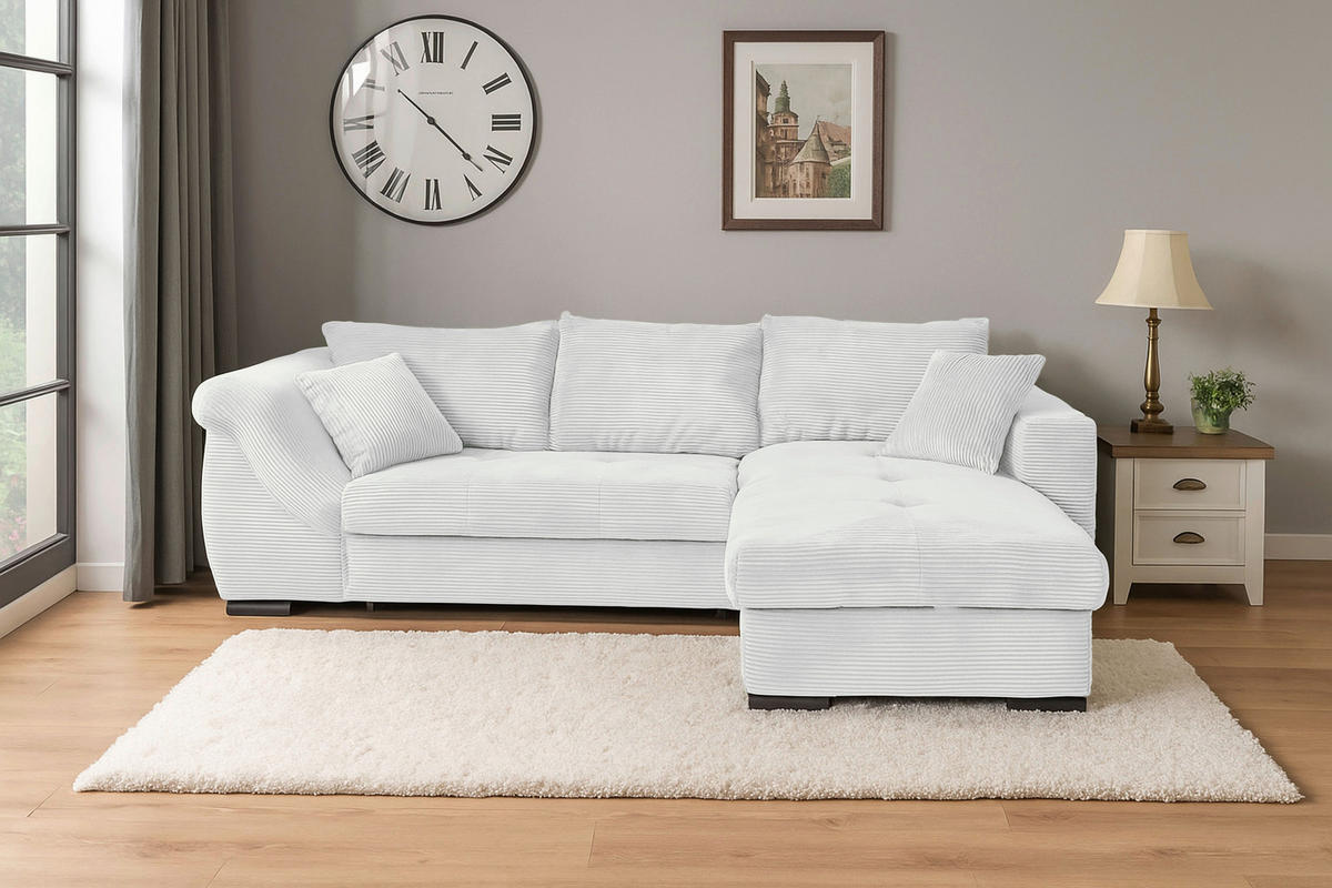 ECKSOFA Perlmutt Cord Zierkissen, Rückenkissen, Bettkasten, Schlaffunktion, Rücken echt, Liegefläche im Originalstoff  - Perlmutt/Schwarz, KONVENTIONELL, Textil/Metall (258/168cm) - Carryhome