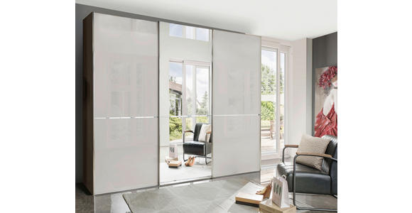 SCHWEBETÜRENSCHRANK 300/217/67 cm 3-türig Grau, Dunkelgrau - Chromfarben/Dunkelgrau, KONVENTIONELL, Glas/Holzwerkstoff (300/217/67cm) - Novel