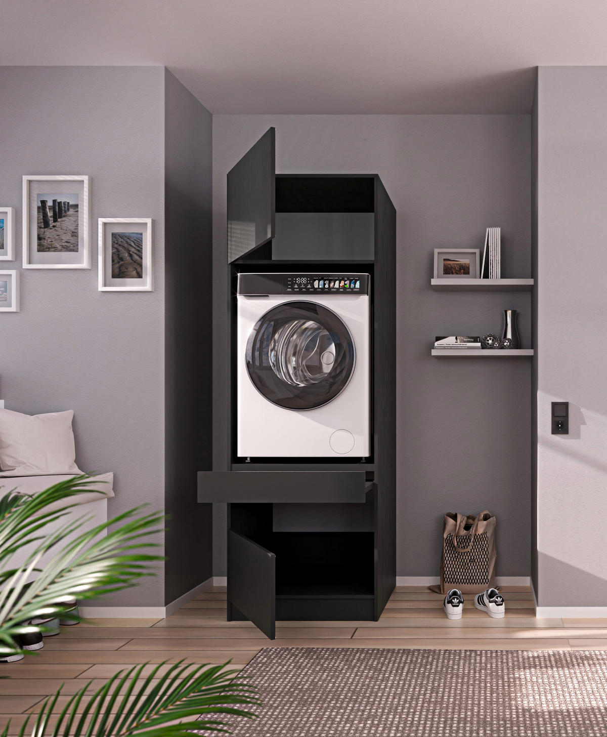 WASCHMASCHINENSCHRANK 68/200/68 cm  in Anthrazit  - Anthrazit/Schwarz, Design, Holzwerkstoff/Metall (68/200/68cm) - Milino