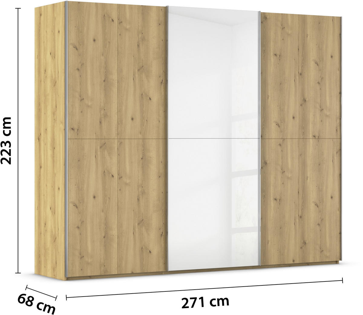 SCHWEBETÜRENSCHRANK 270/223/68 cm 3-türig Weiß, Eichefarben, Chromfarben  - Chromfarben/Eichefarben, Design, Glas/Holz (270/223/68cm) - Novel