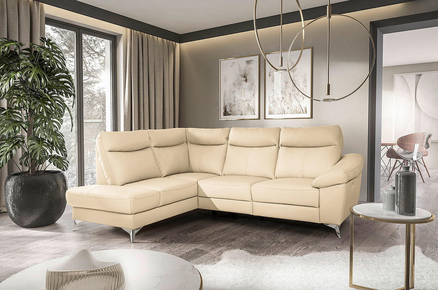 ECKSOFA Beige Echtleder Lederlook  - Chromfarben/Beige, Design, Leder/Textil (194/242cm) - Livetastic