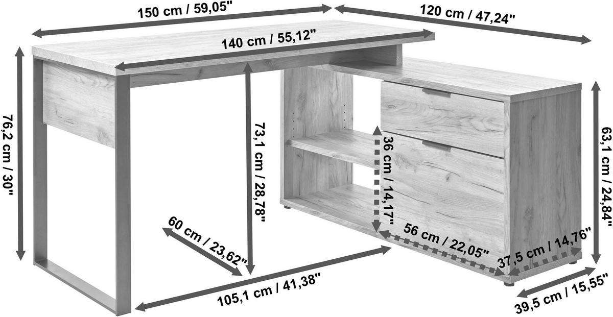 ECKSCHREIBTISCH 150/120/76 cm  in Anthrazit, Eichefarben  - Eichefarben/Anthrazit, MODERN, Holzwerkstoff/Metall (150/120/76cm) - Livetastic