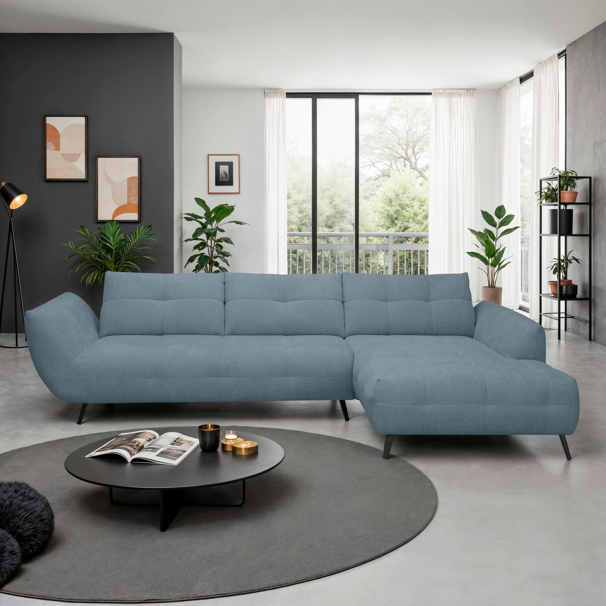 ECKSOFA Blaugrau Chenille Armlehnenkissen, Rücken echt, Sitztiefenverstellung  - Blaugrau/Schwarz, KONVENTIONELL, Textil/Metall (313/215cm) - Hom`in