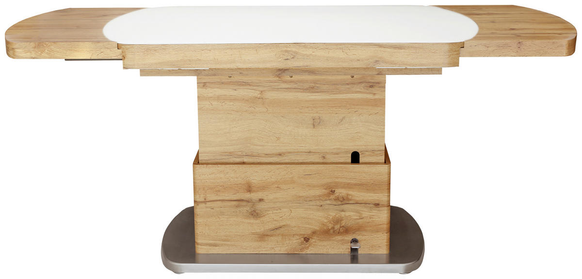 COUCHTISCH ESG 120-180/75/50-78 cm oval Weiß, Eichefarben, Edelstahlfarben  - Edelstahlfarben/Eichefarben, Design, Glas/Holzwerkstoff (120-180/75/50-78cm) - Novel