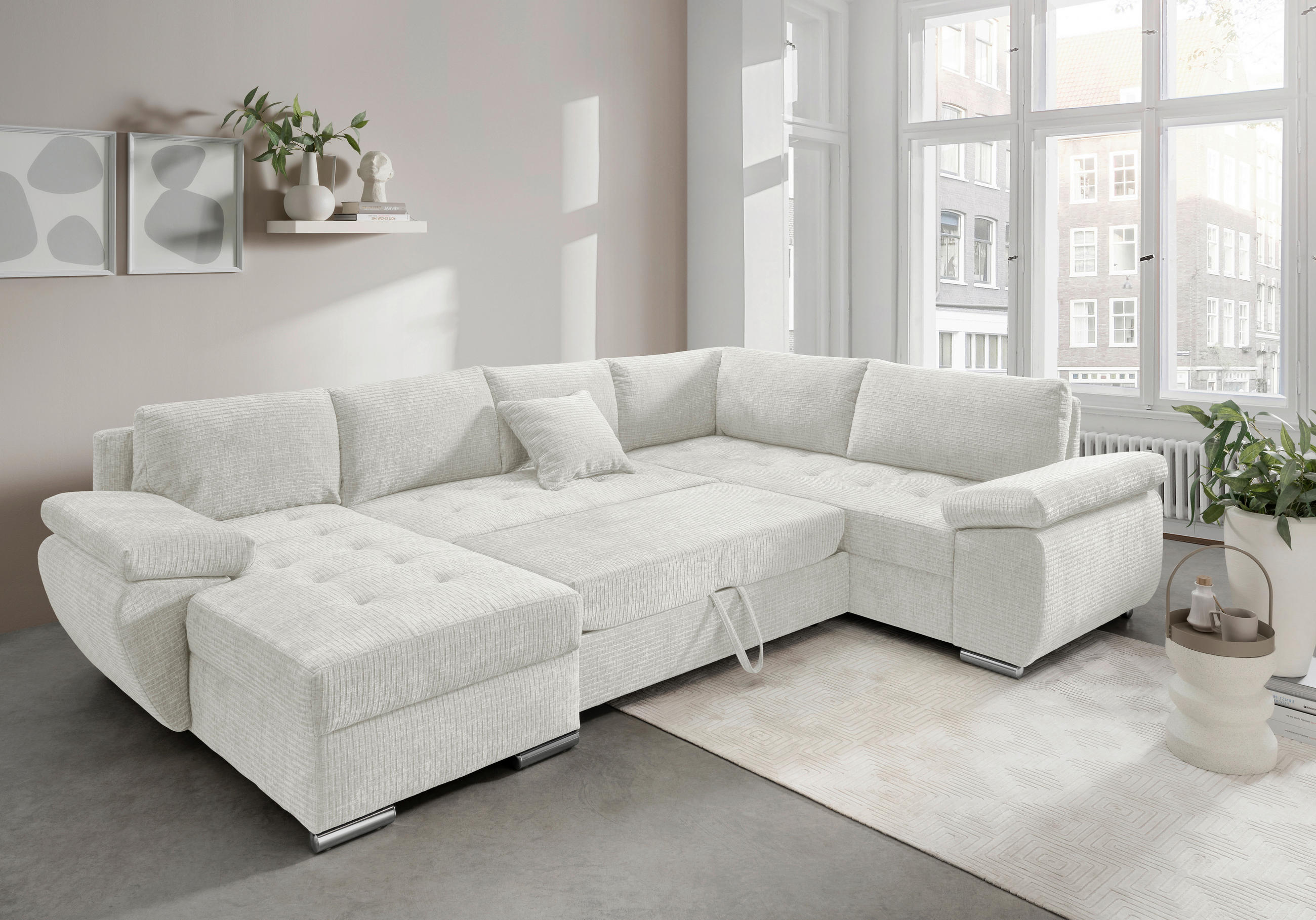 WOHNLANDSCHAFT Creme Mikrofaser  - Chromfarben/Creme, KONVENTIONELL, Textil/Metall (157/305/219cm) - Livetastic