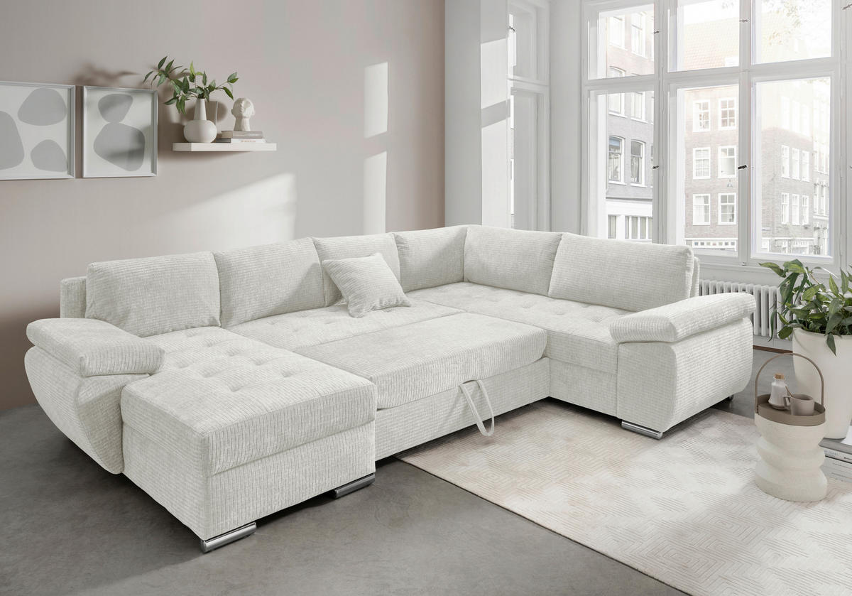 WOHNLANDSCHAFT Creme Mikrofaser  - Chromfarben/Creme, KONVENTIONELL, Textil/Metall (157/305/219cm) - Livetastic