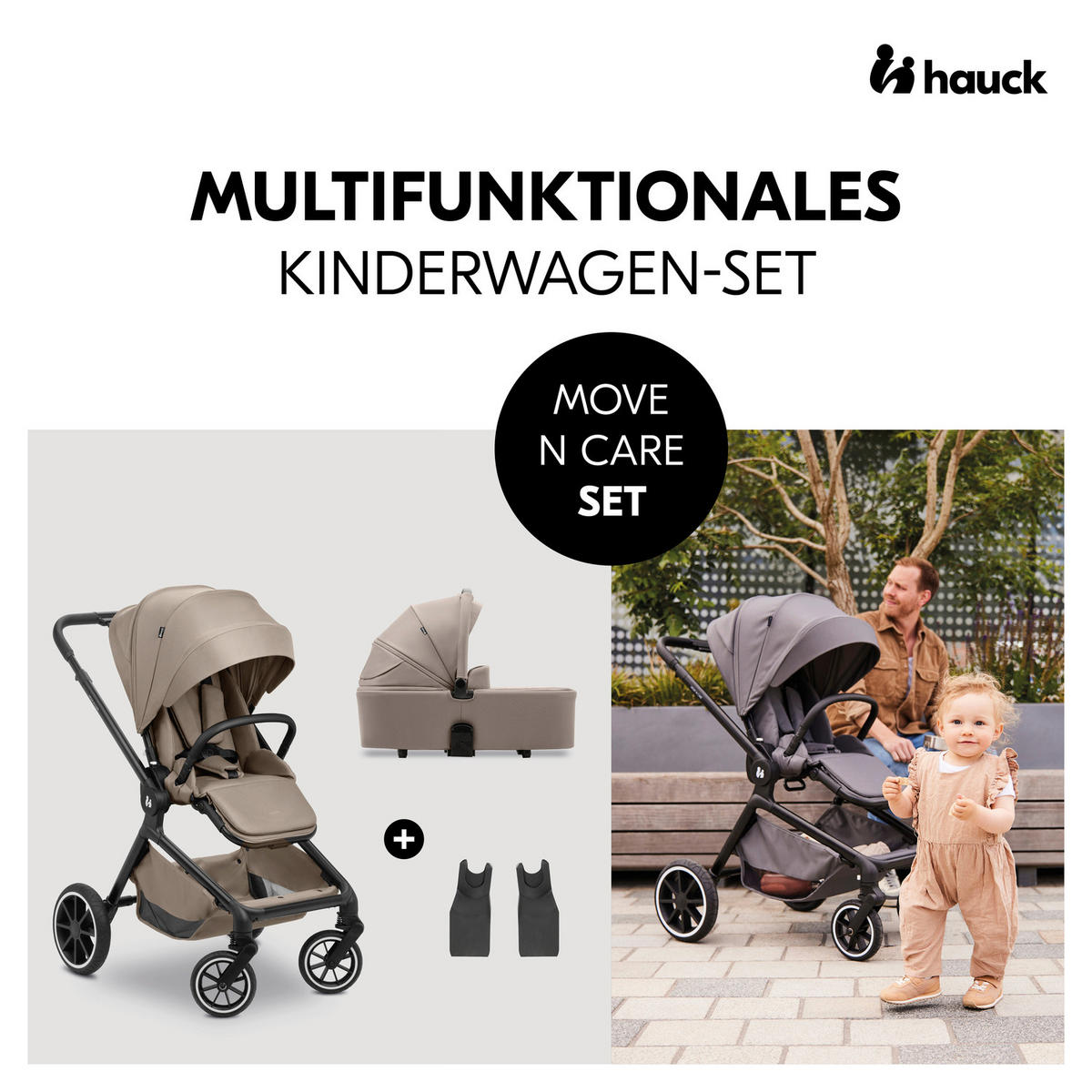 KOMBIKINDERWAGEN  Move N Care Set  Mocha  - Hellbraun/Schwarz, Basics, Kunststoff/Textil (61/105/100cm) - Hauck