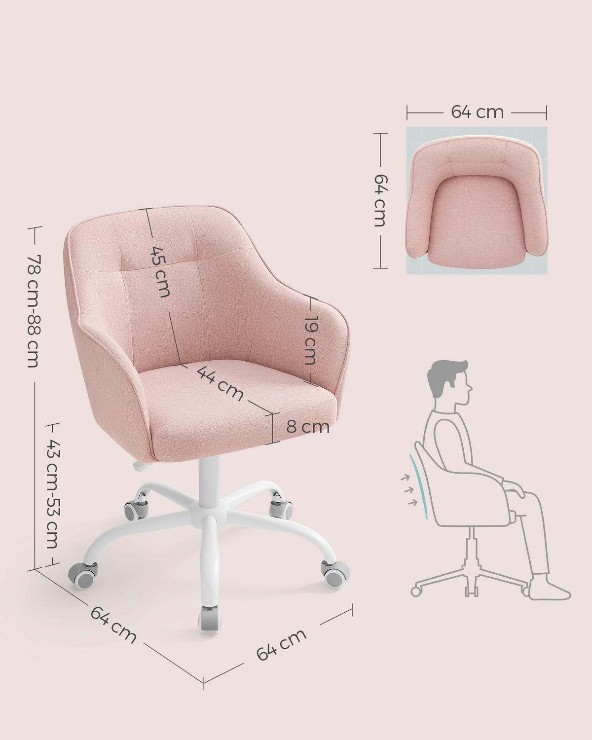 OTOČNÁ ŽIDLE, perkál, pink - tmavě růžová/pink, Basics, kov/textil (64/86/64cm)