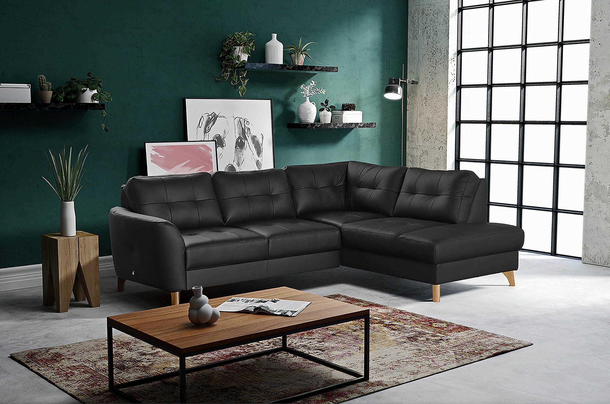ECKSOFA in Lederlook Echtleder Schwarz  - Buchefarben/Schwarz, Design, Leder/Holz (236/190cm) - Livetastic