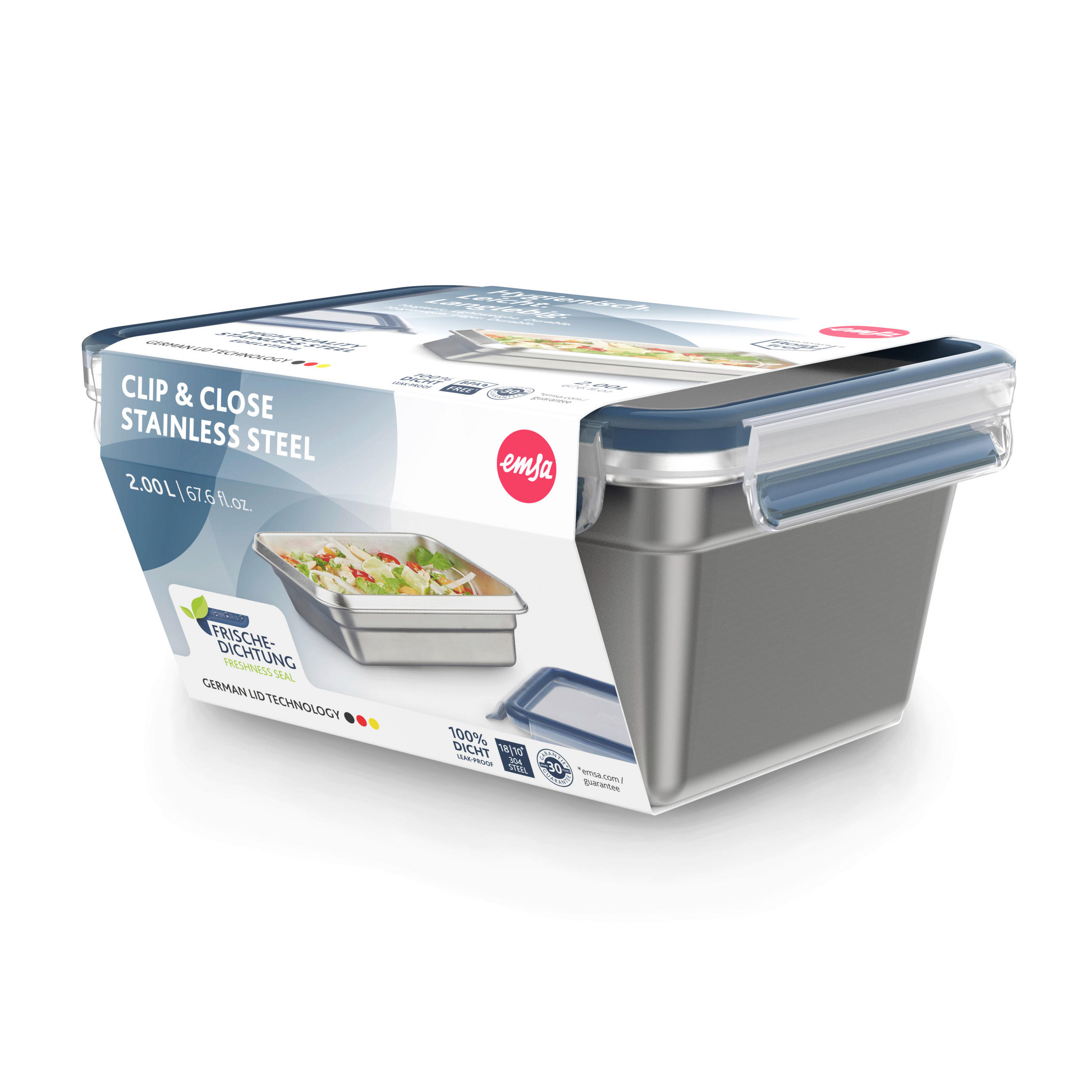 FRISCHHALTEDOSE CLIP & CLOSE STAINLESS STEEL 2,0 L  - Edelstahlfarben/Transparent, Basics, Kunststoff/Metall (23,0/16,7/10,2cm) - Emsa