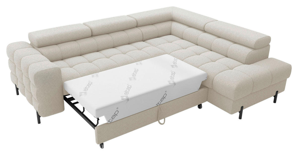 ECKSOFA FERUCCE Creme Teddystoff Bettkasten, Kopfteilverstellung  - Creme/Schwarz, Design, Textil/Metall (276/200cm) - MID.YOU