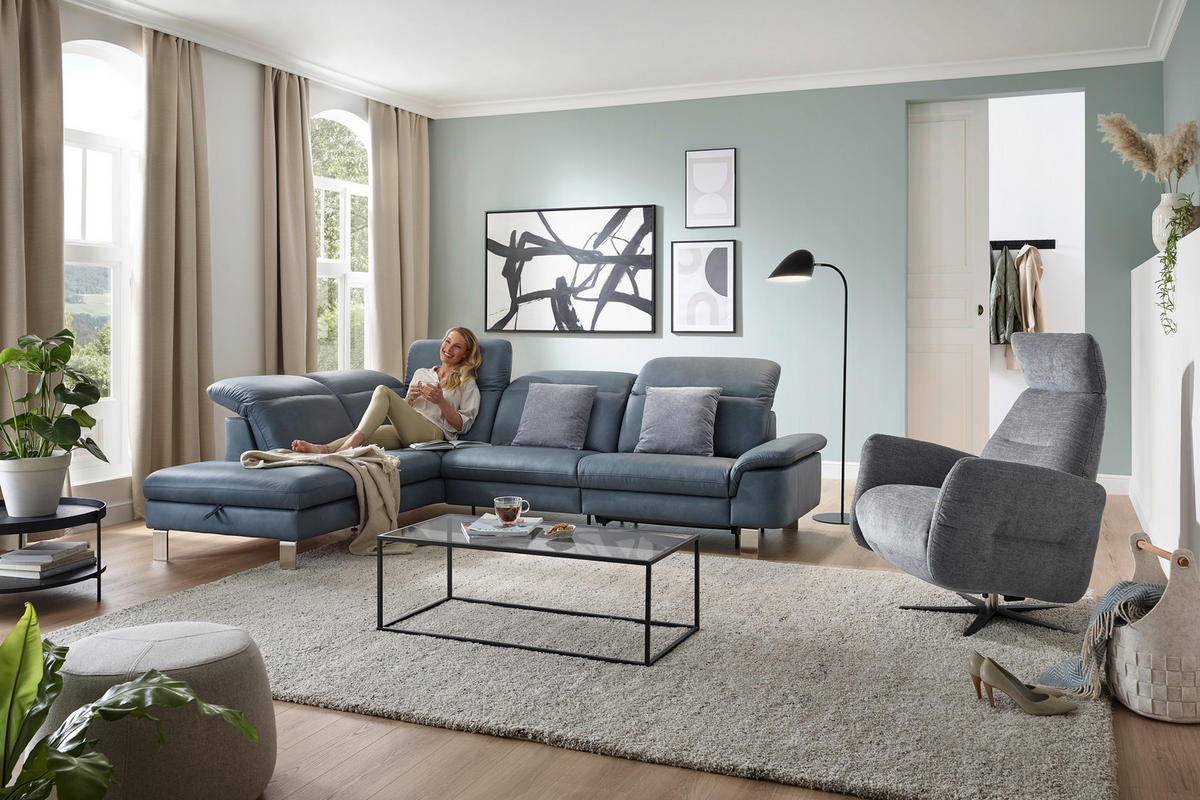 ECKSOFA in Echtleder Blaugrau  - Edelstahlfarben/Blaugrau, Design, Leder/Metall (309/233cm) - Dieter Knoll