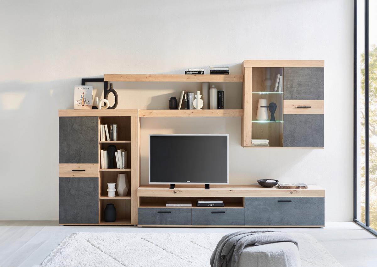 WOHNWAND  in Eiche Artisan 300/200,9/41 cm  - Schwarz/Eiche Artisan, Design, Glas/Holzwerkstoff (300/200,9/41cm) - Carryhome