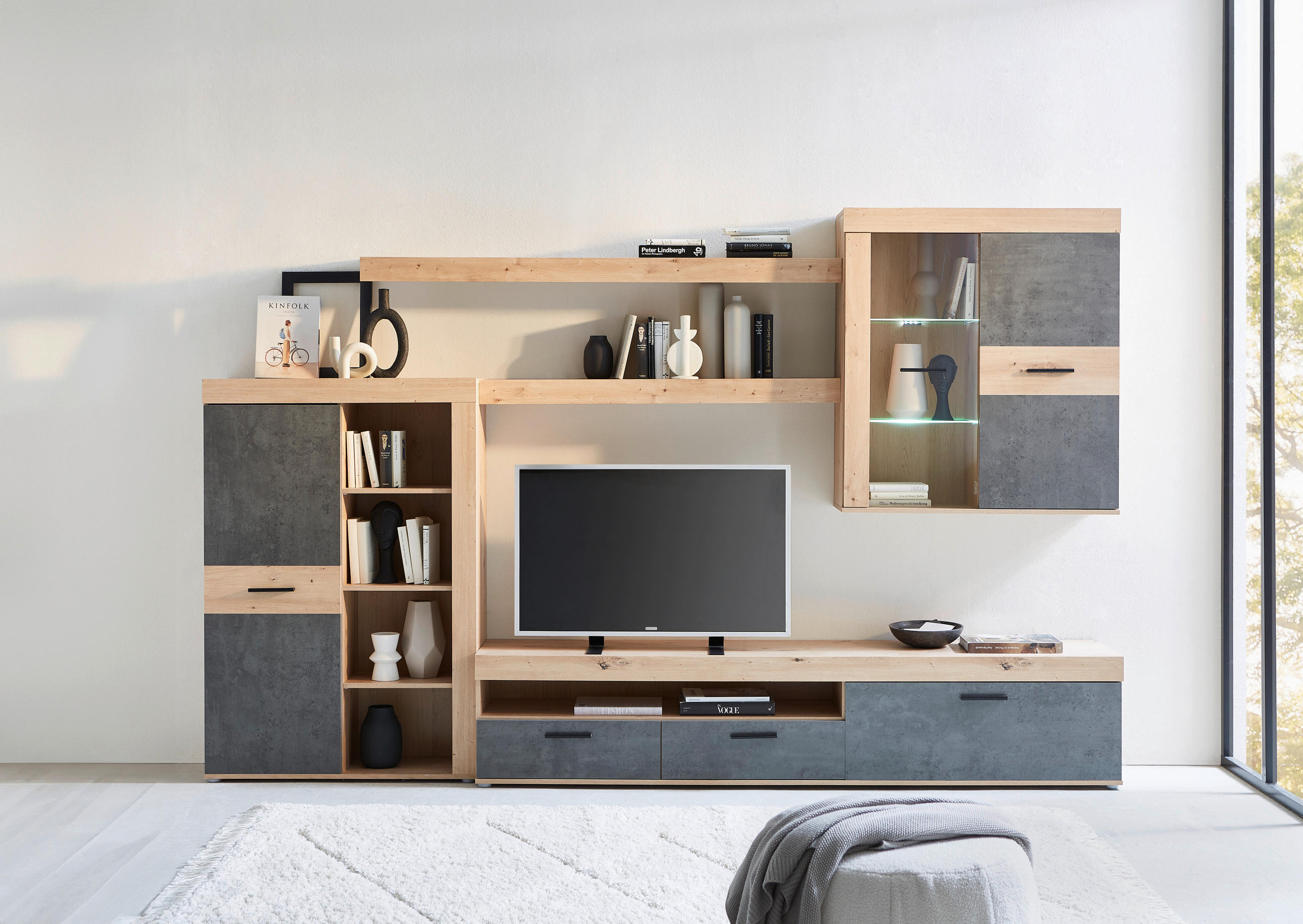 Thumbnail - Carryhome Wohnwand, Eiche Artisan, Kunststoff, 10 Fächer, 2 Schubladen, 300x200.9x41 cm, Wohnzimmer, Wohnwände, Wohnwand...