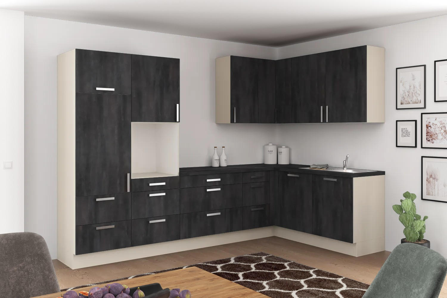 Eckküche Ip1200 ohne Geräte 320x185 cm Schwarz