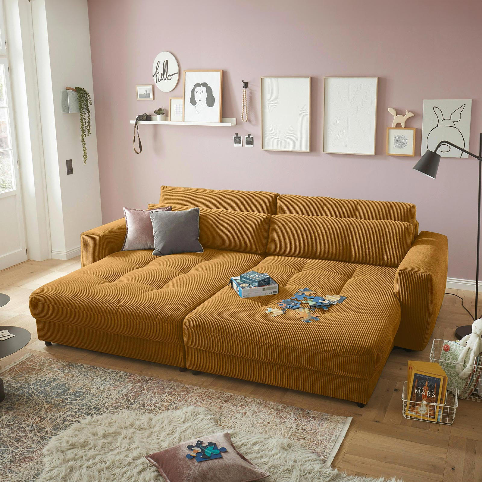 BIGSOFA Cord Gelb  - Gelb/Schwarz, KONVENTIONELL, Kunststoff/Textil (292/90/194cm) - MID.YOU