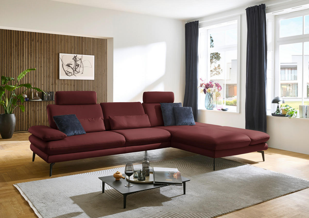 ECKSOFA in Echtleder Brombeere  - Brombeere/Schwarz, Design, Leder/Metall (308/195cm) - Dieter Knoll