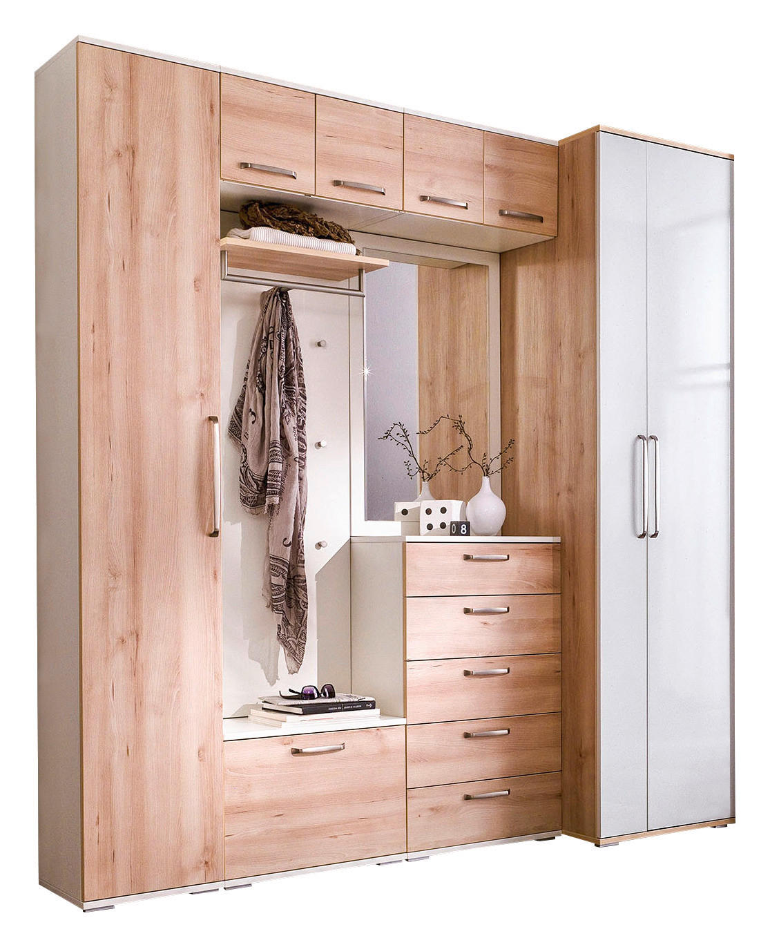 GARDEROBE 8-teilig  in 221/233/56 cm  - Buchefarben/Weiß, Design, Holzwerkstoff (221/233/56cm) - Moderano