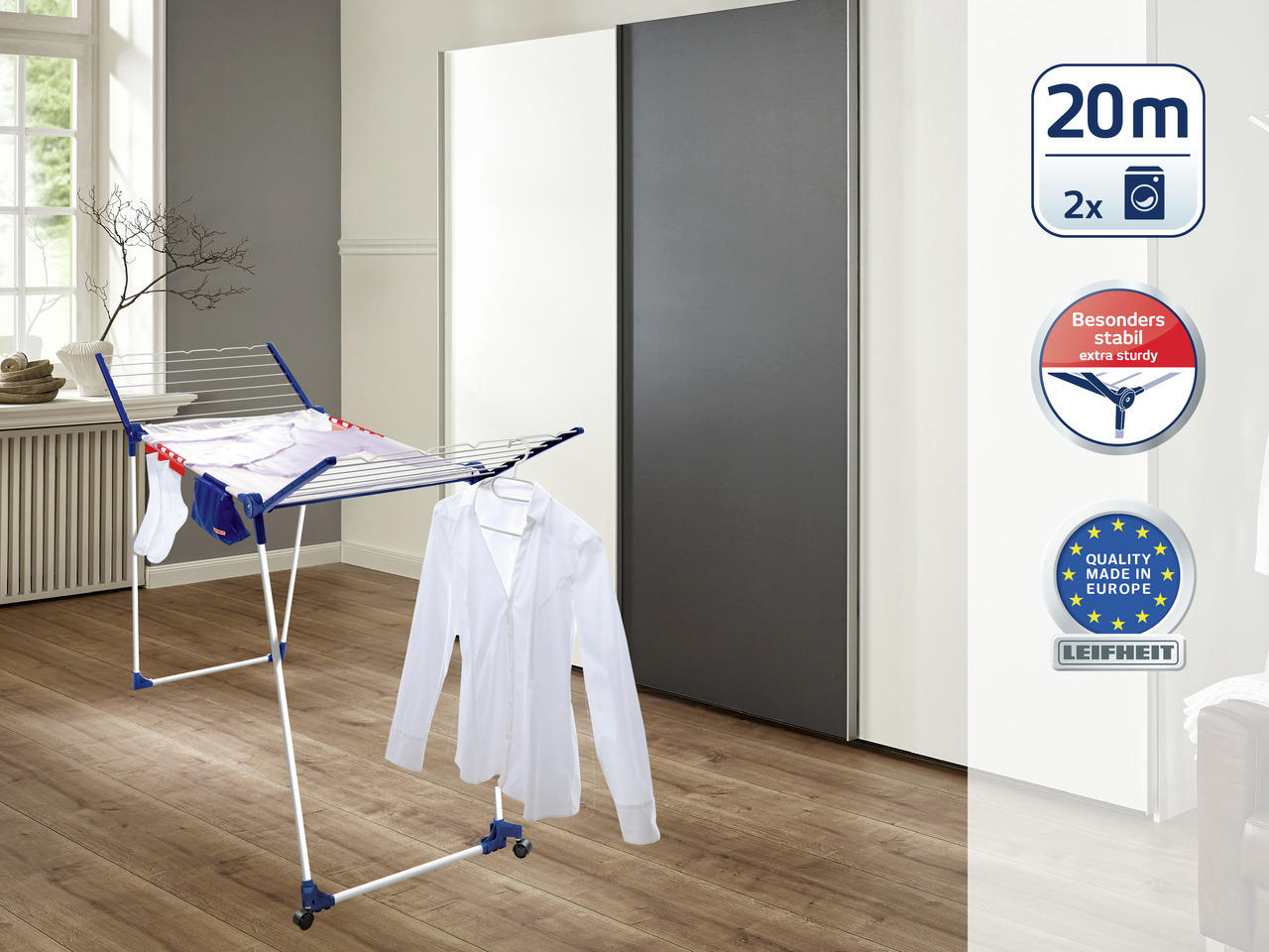 STANDTROCKNER PEGASUS 200 SOLID DEL. M 95/67/87 cm  - Blau/Weiß, Basics, Kunststoff/Metall (95/67/87cm) - Leifheit