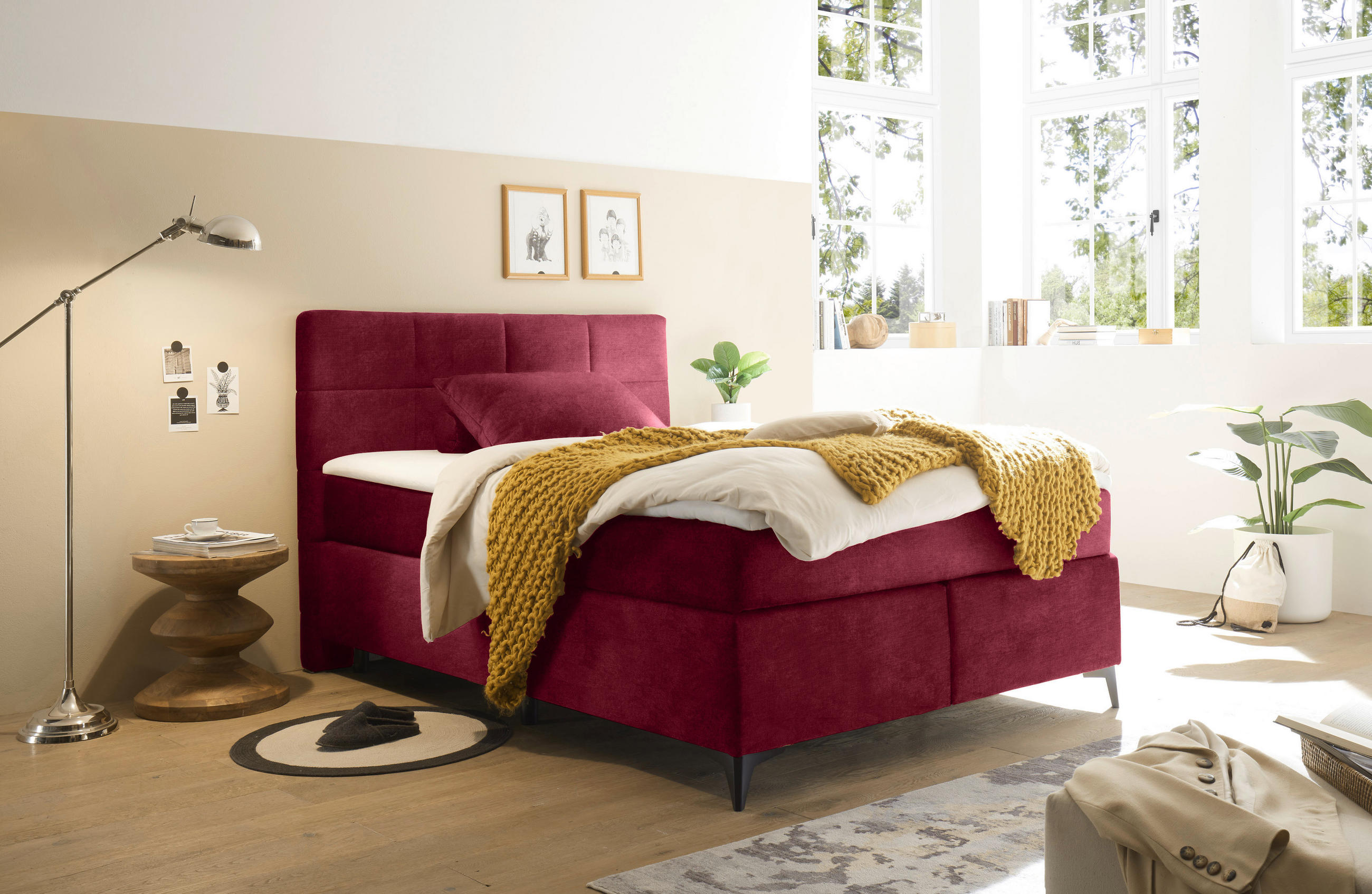 BOXSPRINGBETT 140/200 cm  in Bordeaux  - Bordeaux/Schwarz, Design, Holzwerkstoff/Kunststoff (140/200cm) - Xora