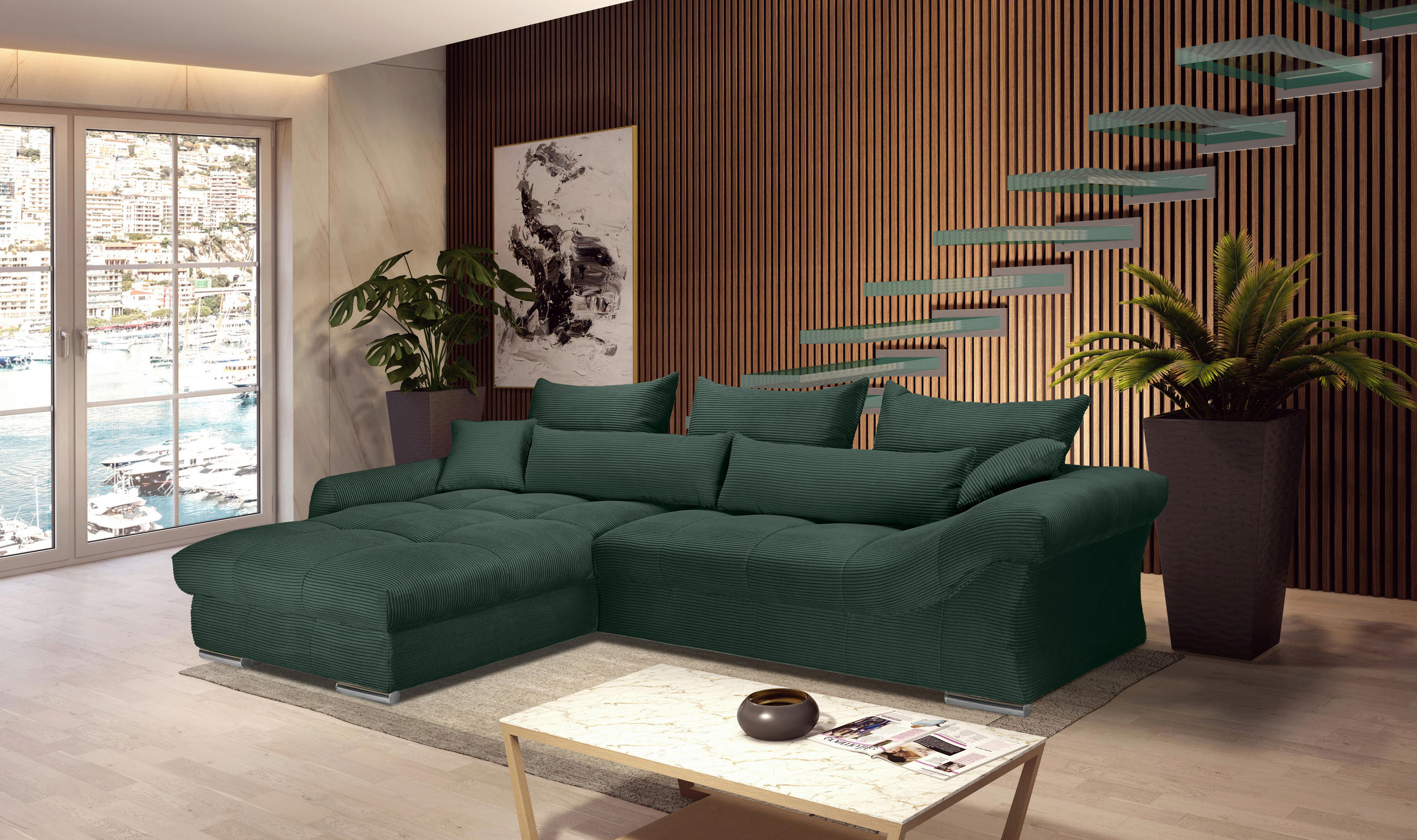 Carryhome ECKSOFA Dunkelgrün Cord, links davon: Topfpflanze in grün, rechts davon: Couchtisch, Bild in dunklem Wohnzimmer.