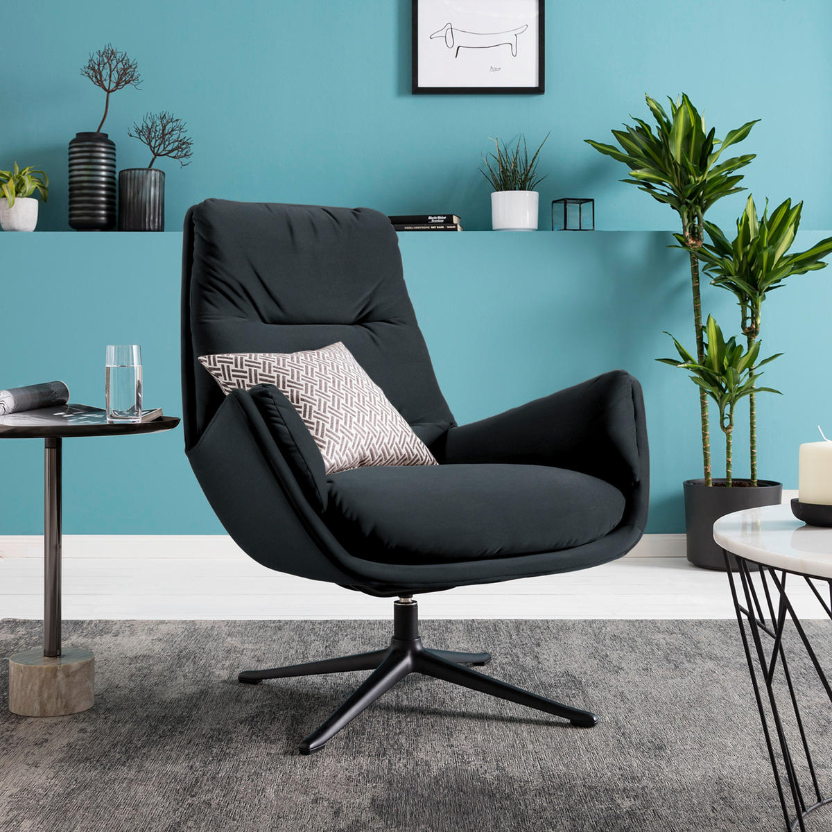 SESSEL in Samt Dunkelgrün  - Dunkelgrün/Schwarz, Design, Textil/Metall (83/94/97cm) - home24