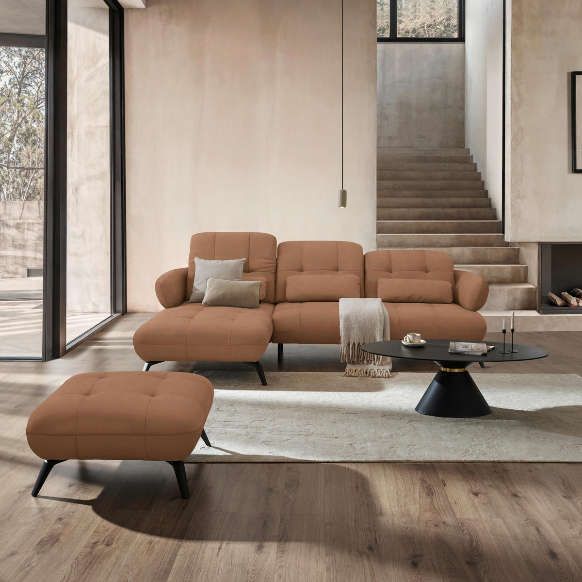 ECKSOFA Flachgewebe Terracotta  - Terracotta/Schwarz, Modern, Textil/Metall (180/282cm) - Novel