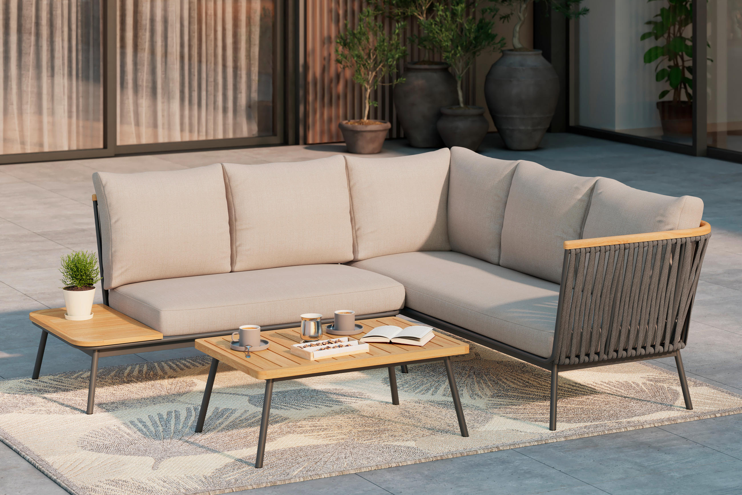 LOUNGEGARNITUR 229/200 cm Teakholz massiv Aluminium  - Dunkelgrau/Beige, Design, Holz/Textil (229/200cm) - Ambia Garden