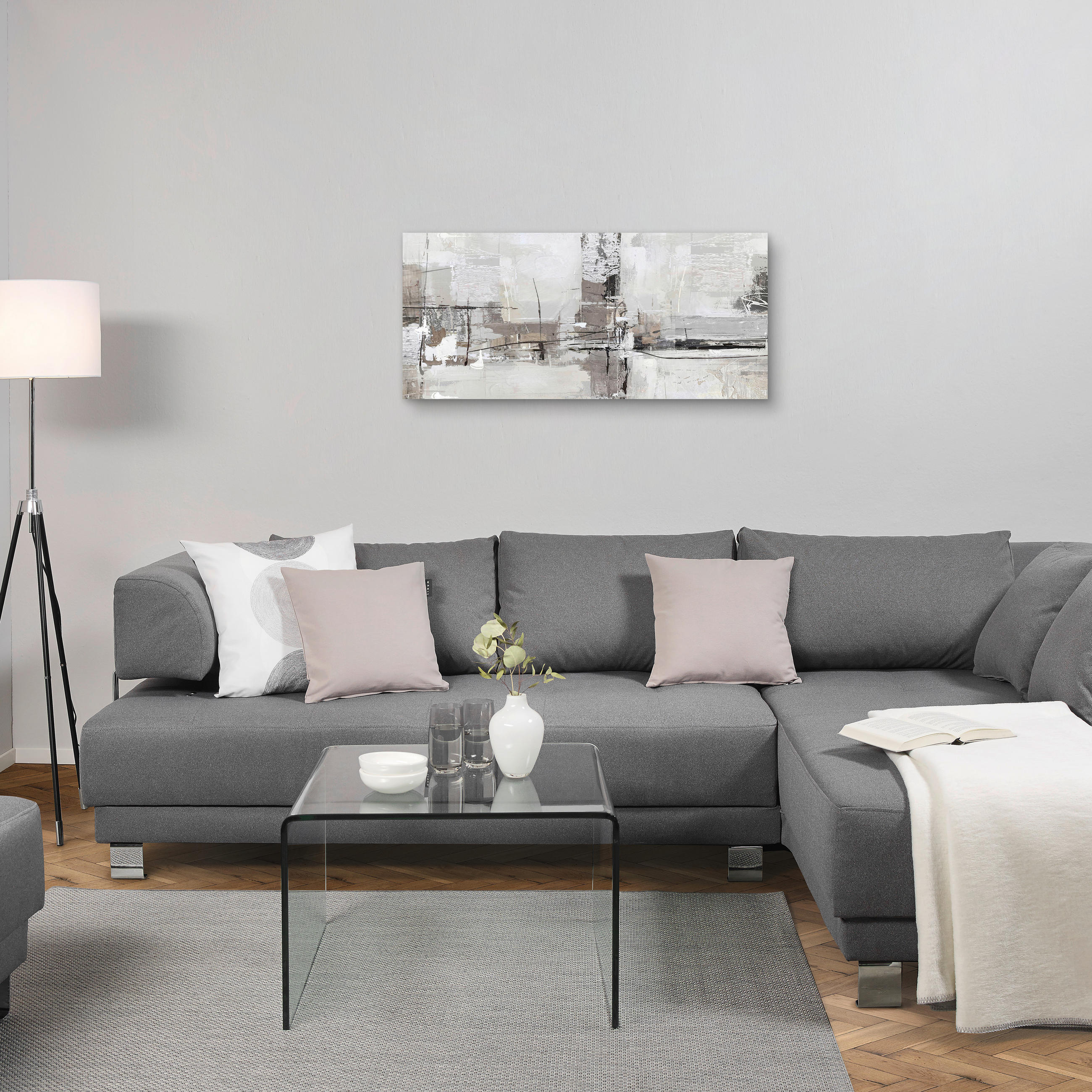 ÖLGEMÄLDE Abstraktes 120/55 cm  - Weiß/Grau, Design, Holz/Textil (120/55cm) - Monee