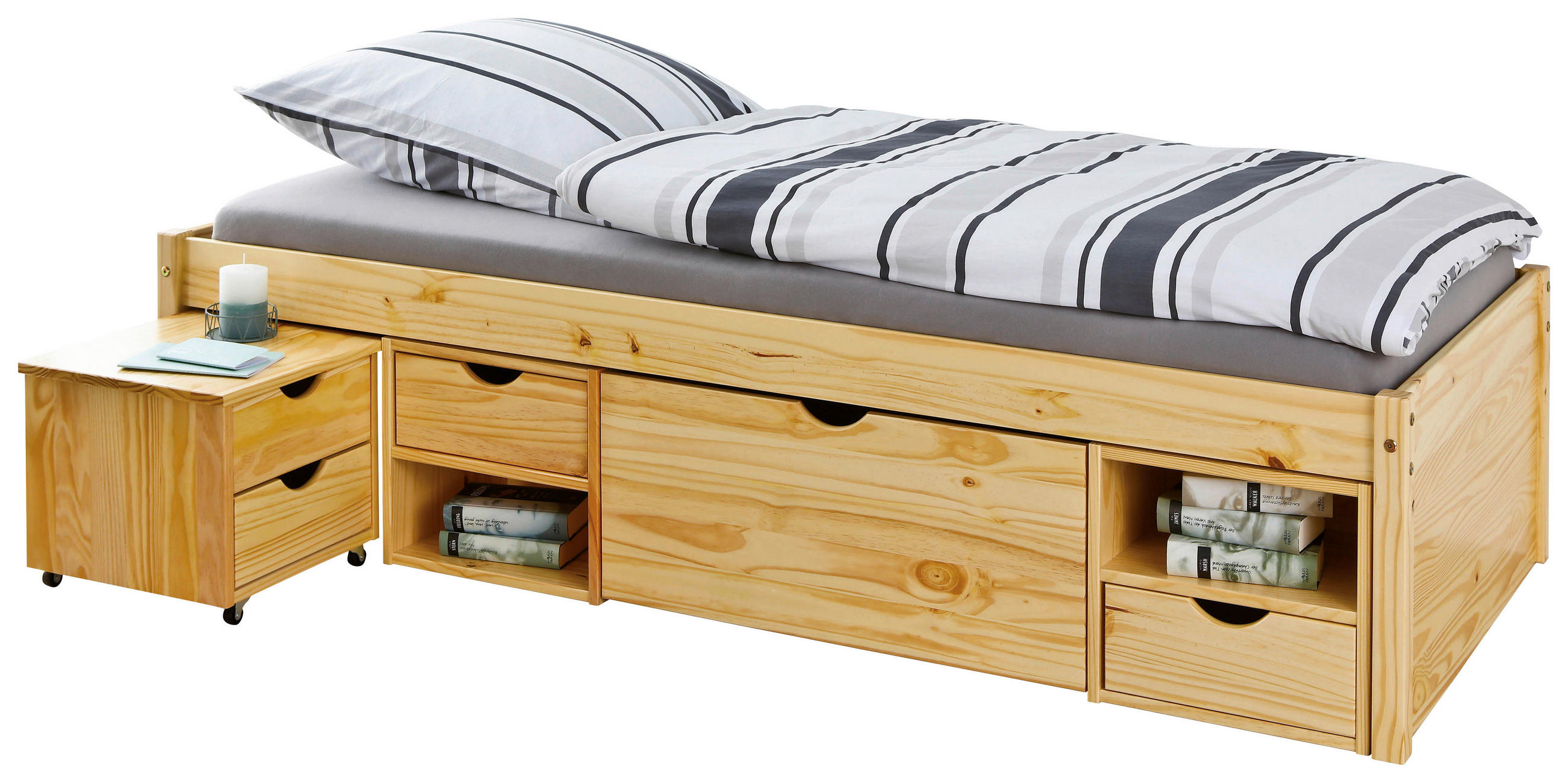 Stauraumbett mit Nachtkästchen  in Naturfarben  - Naturfarben, Basics, Holz (90/200cm) - MID.YOU