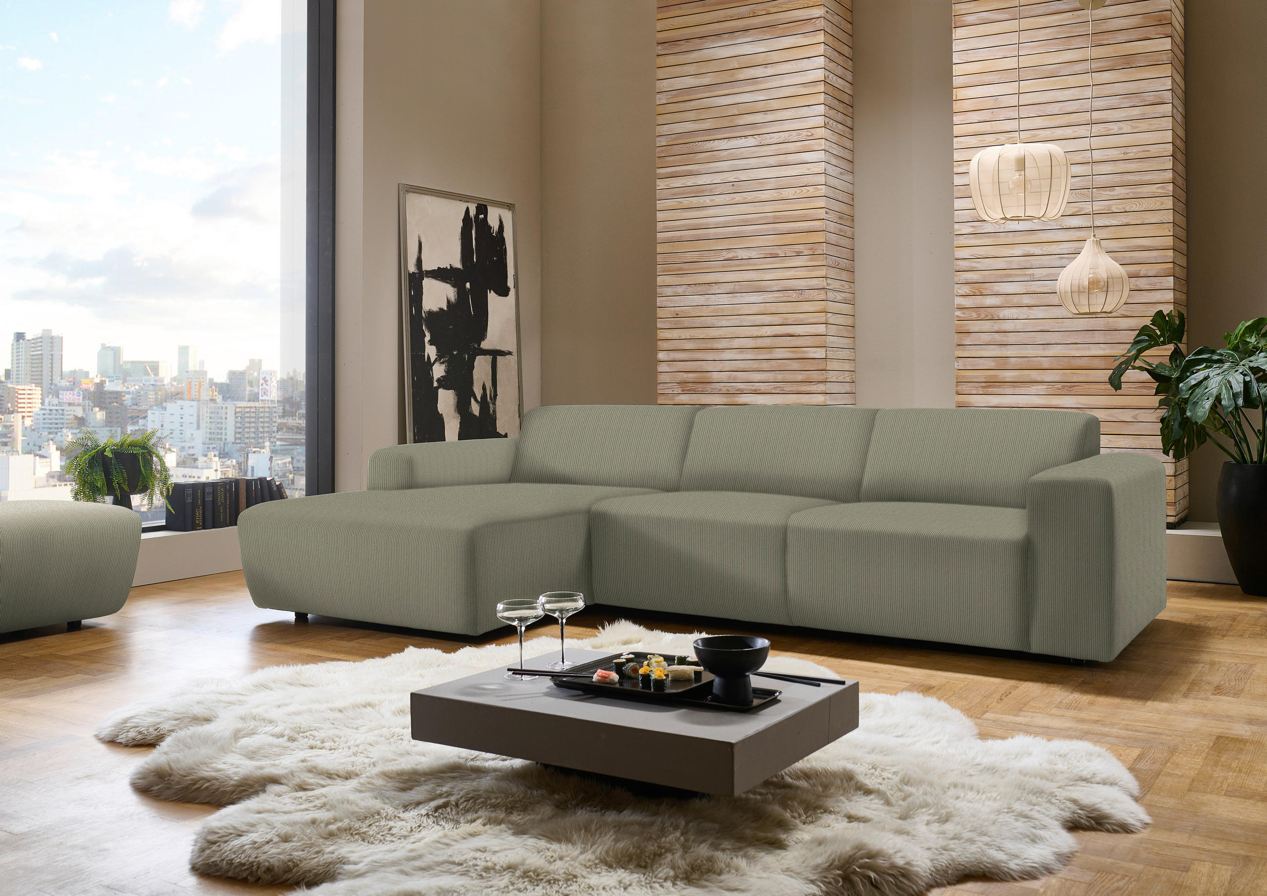 ECKSOFA in Feincord Braun, Grün  - Schwarz/Braun, Design, Kunststoff/Textil (174/302cm) - Beldomo Style
