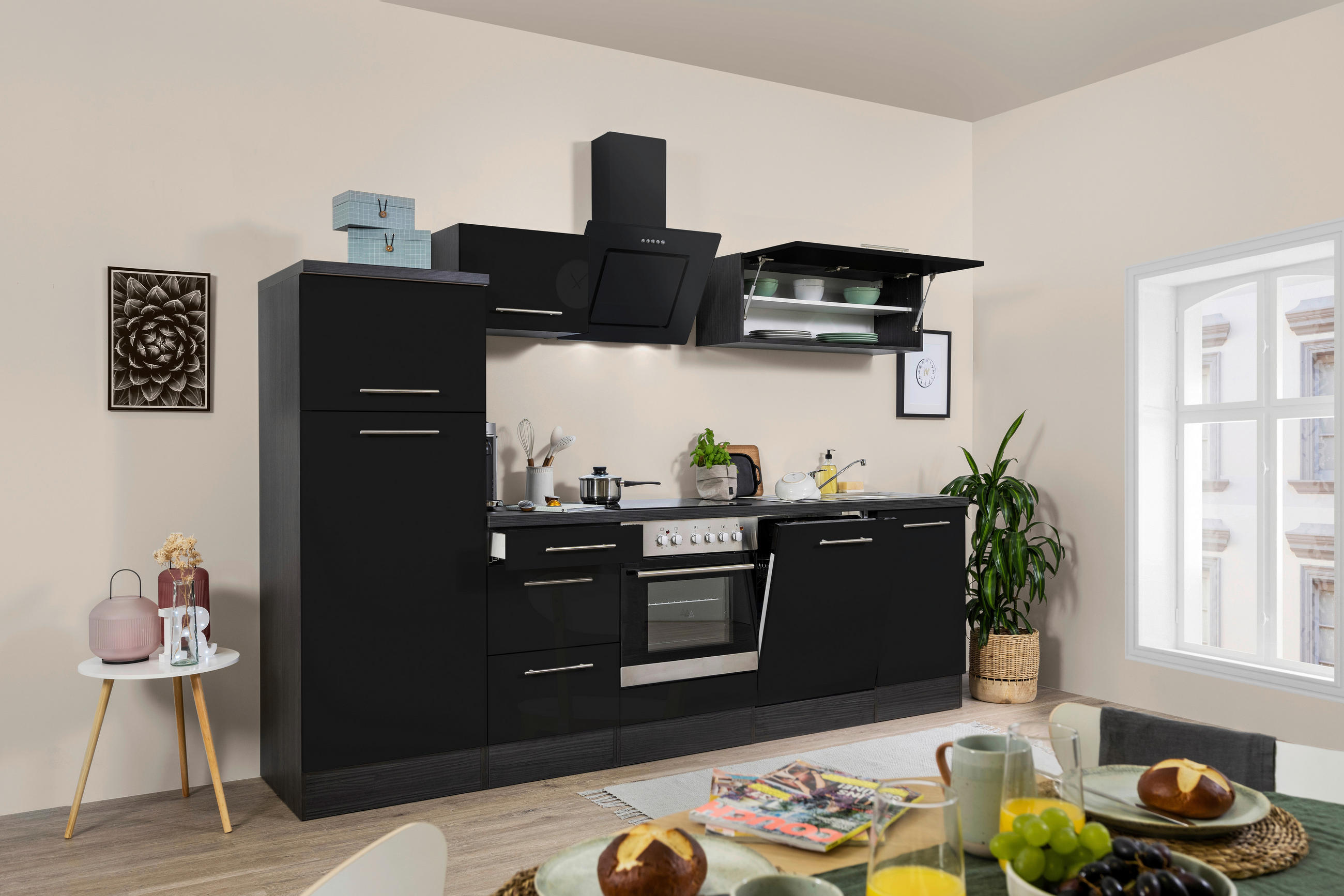 KÜCHENBLOCK 280 cm   in Grau, Schwarz  - Alufarben/Schwarz, KONVENTIONELL, Holzwerkstoff/Metall (280cm) - Respekta