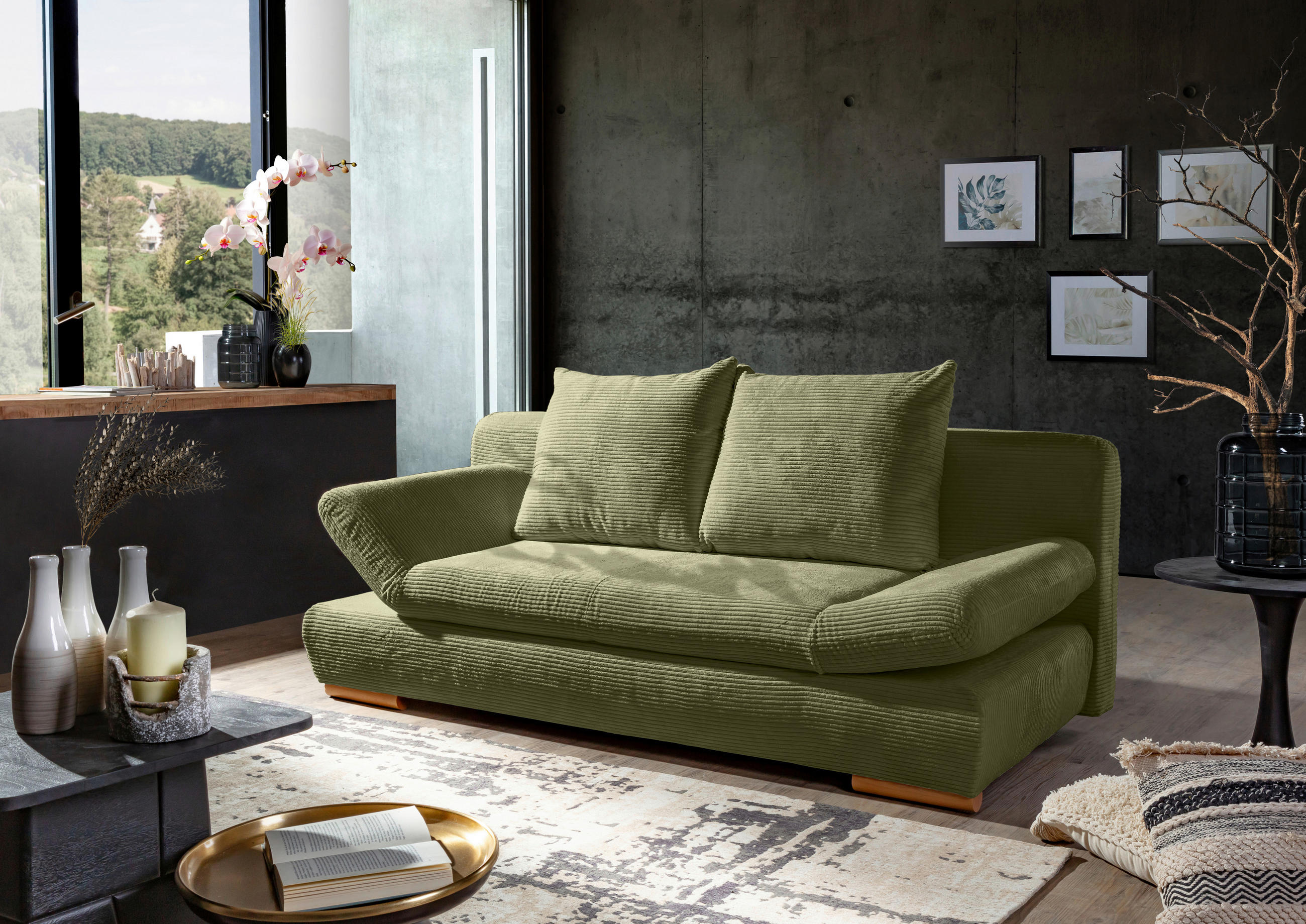 SCHLAFSOFA Cord Grün  - Naturfarben/Grün, KONVENTIONELL, Holz/Textil (200/75/92cm) - home24