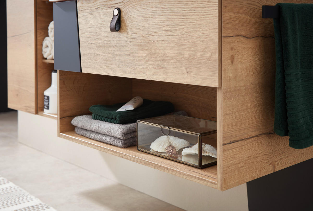 WASCHTISCHKOMBI 77 cm  - Eichefarben/Schwarz, KONVENTIONELL, Leder/Glas (77cm) - Sadena