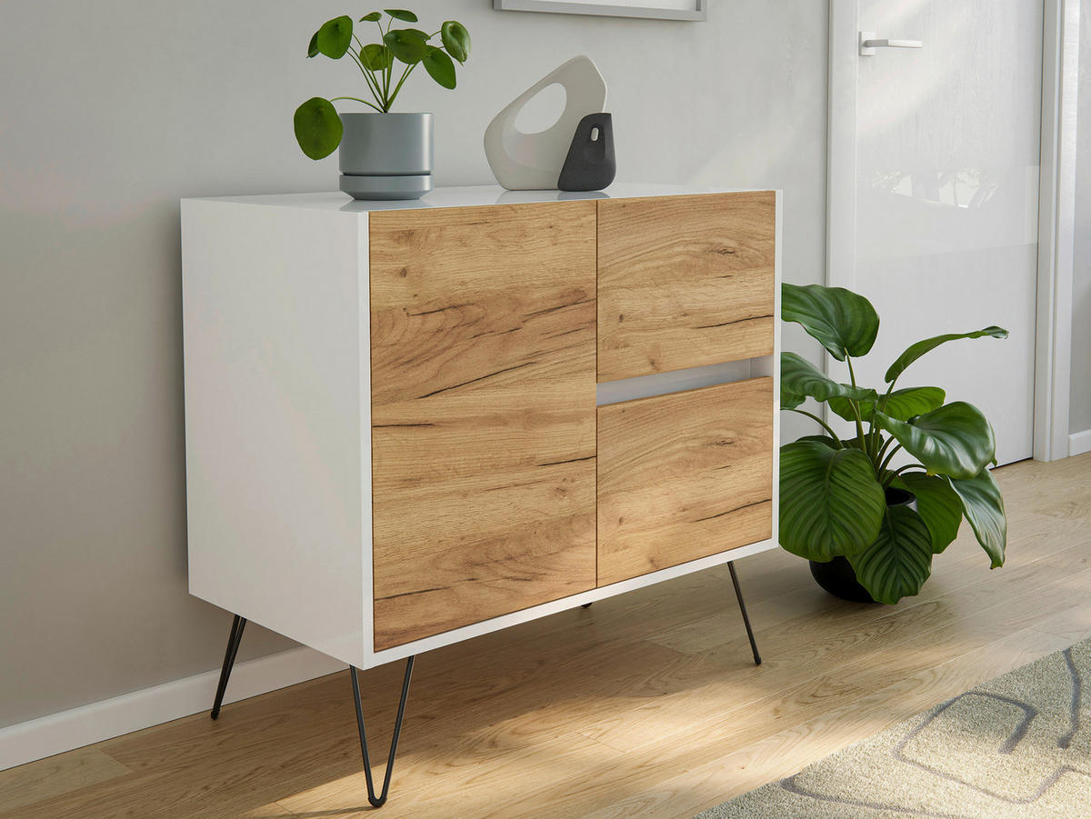 SIDEBOARD Posseik Industrial  in 79/75,8/42 cm  - Eichefarben/Weiß Hochglanz, Design, Holzwerkstoff/Metall (79/75,8/42cm) - P & B