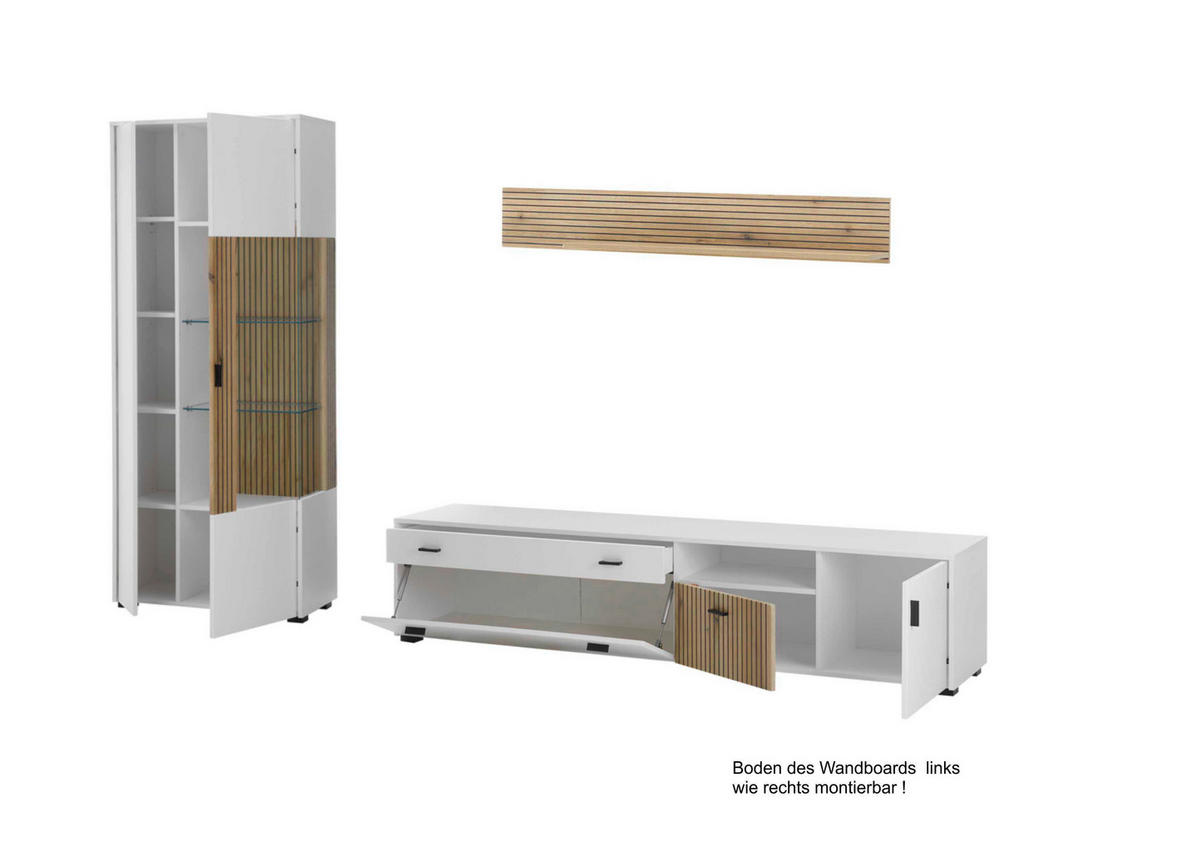 WOHNWAND 3-teilig  in Weiß, Eichefarben  328/180/42 cm  - Eichefarben/Schwarz, Design, Glas/Holzwerkstoff (328/180/42cm) - MID.YOU