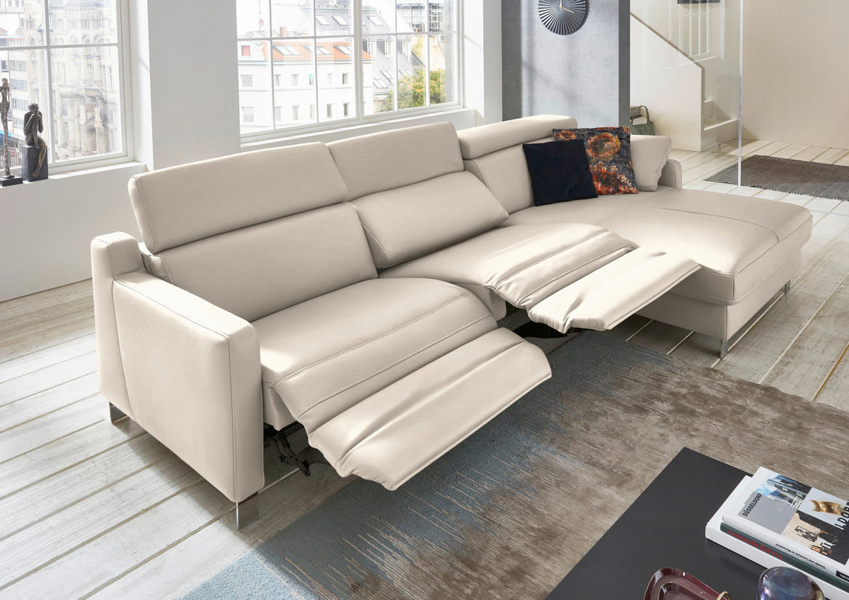 ECKSOFA Echtleder Greige  - Chromfarben/Greige, Design, Leder/Metall (291/176cm) - Valdera