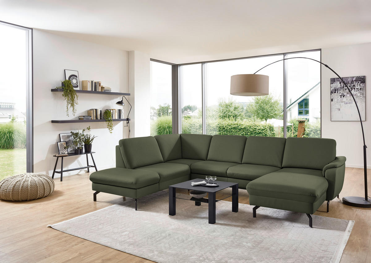 WOHNLANDSCHAFT Echtleder Olivgrün  - Schwarz/Olivgrün, Konventionell, Leder/Metall (224/306/168cm) - Beldomo Premium