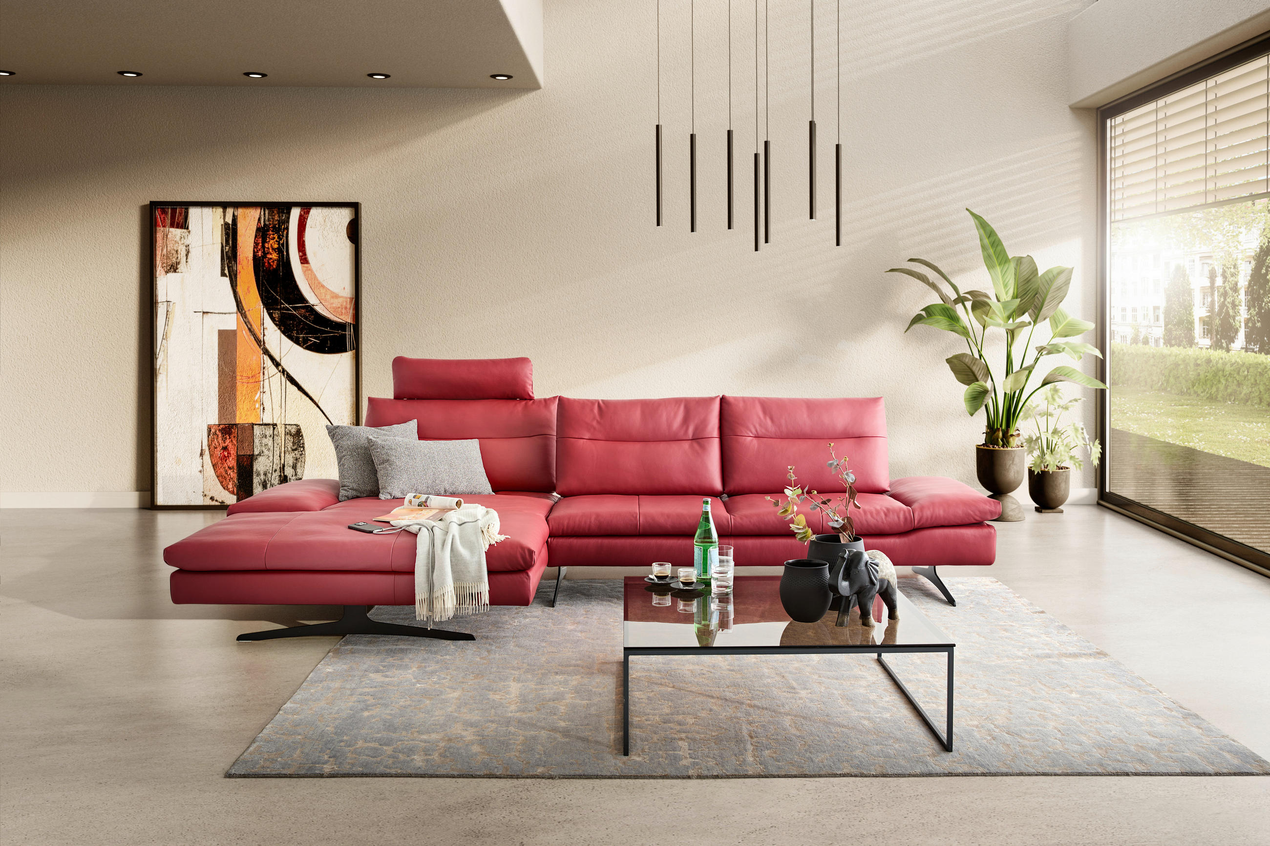 ECKSOFA Rot Echtleder  - Rot/Schwarz, MODERN, Leder/Metall (158/342cm) - Chilliano