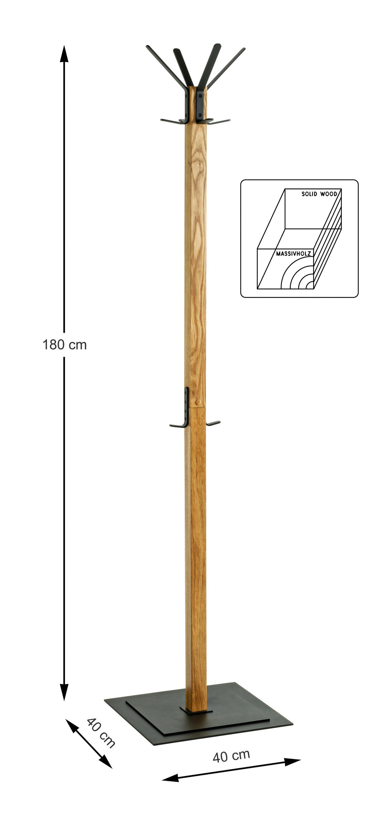 Thumbnail - Kleiderständer, Braun, Schwarz, Eiche, Holz, Metall, Eiche, massiv, 40x180x40 cm, Schuhablage, standfeste Füße, Jackenha...