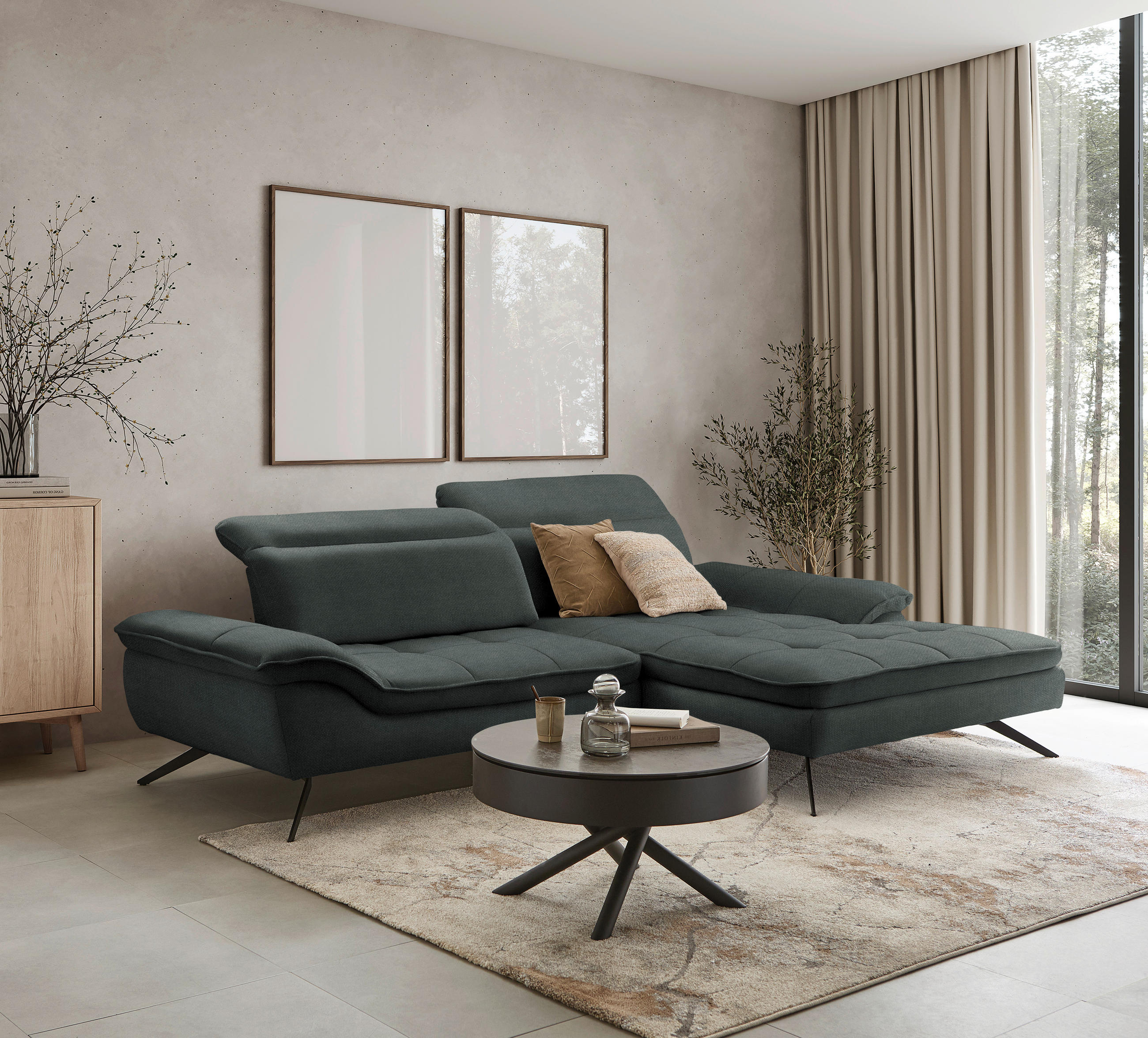 ECKSOFA in Webstoff Anthrazit  - Anthrazit/Schwarz, Design, Textil/Metall (288/179-202cm) - Stylife