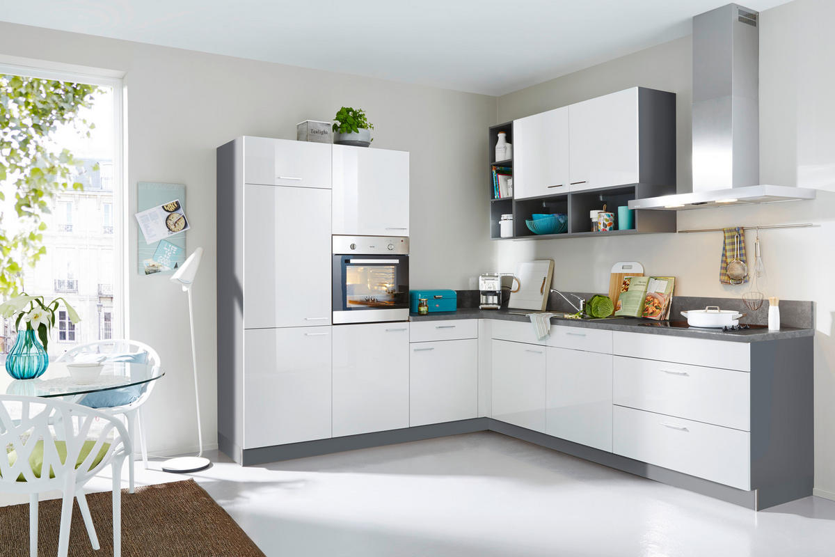 ECKKÜCHE 245/275 cm  in Anthrazit, Weiß Hochglanz  - Edelstahlfarben/Weiß Hochglanz, MODERN, Holzwerkstoff/Metall (245/275cm) - Express