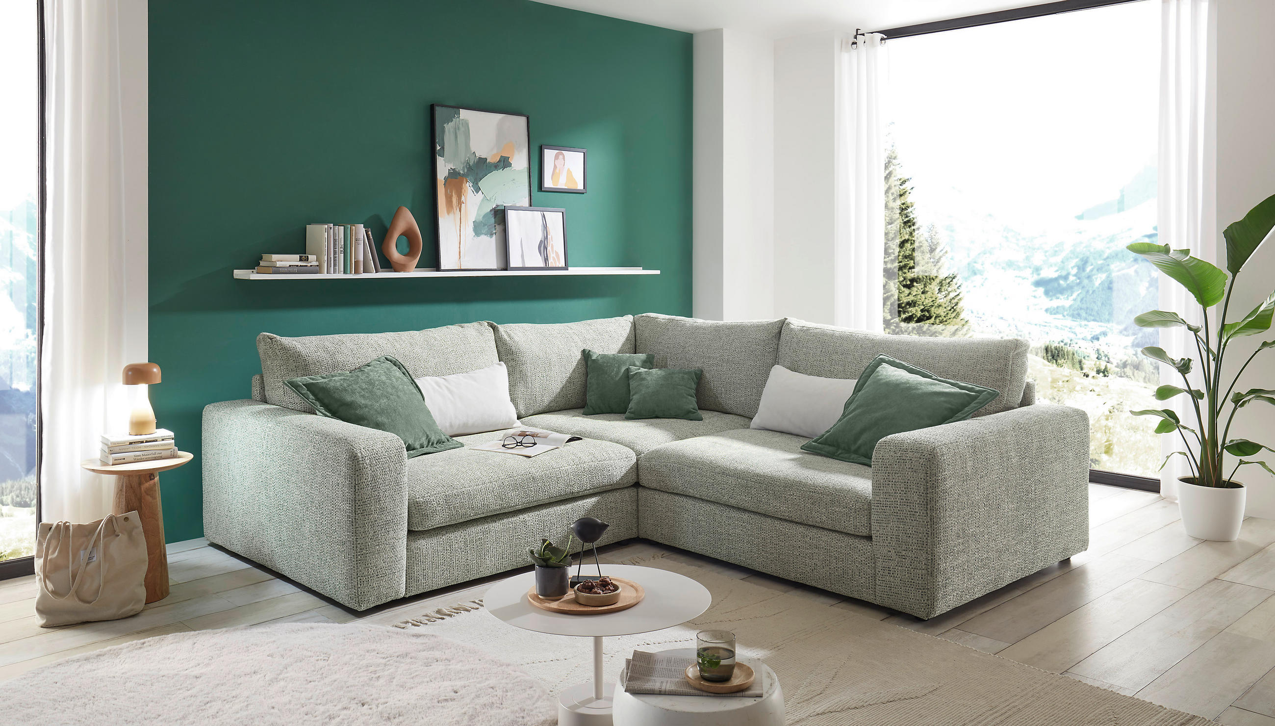 HÖRNSOFFA i chenille mintgrön  - mintgrön/svart, Klassisk, textil/plast (248/248cm) - MID.YOU