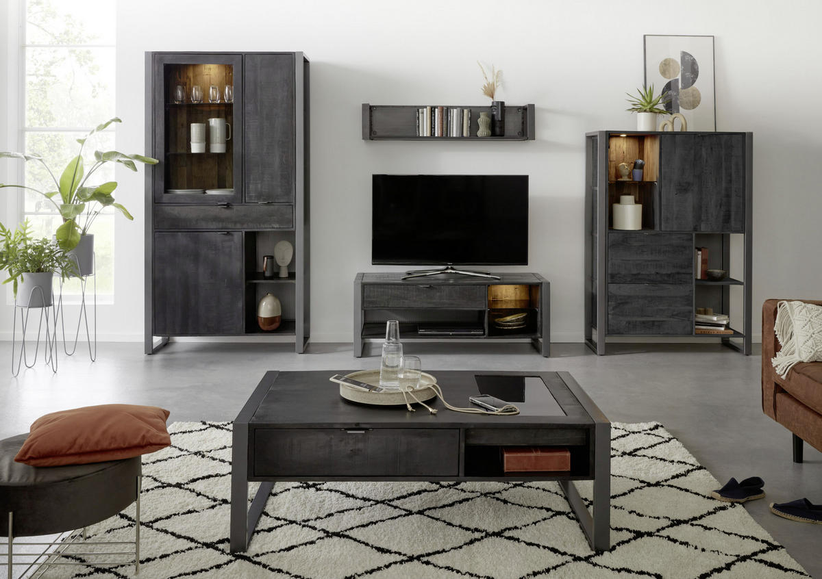 VITRINE in vollmassiv Mangoholz Schwarz  - Transparent/Anthrazit, Basics, Glas/Holz (104/200/40cm) - Livetastic
