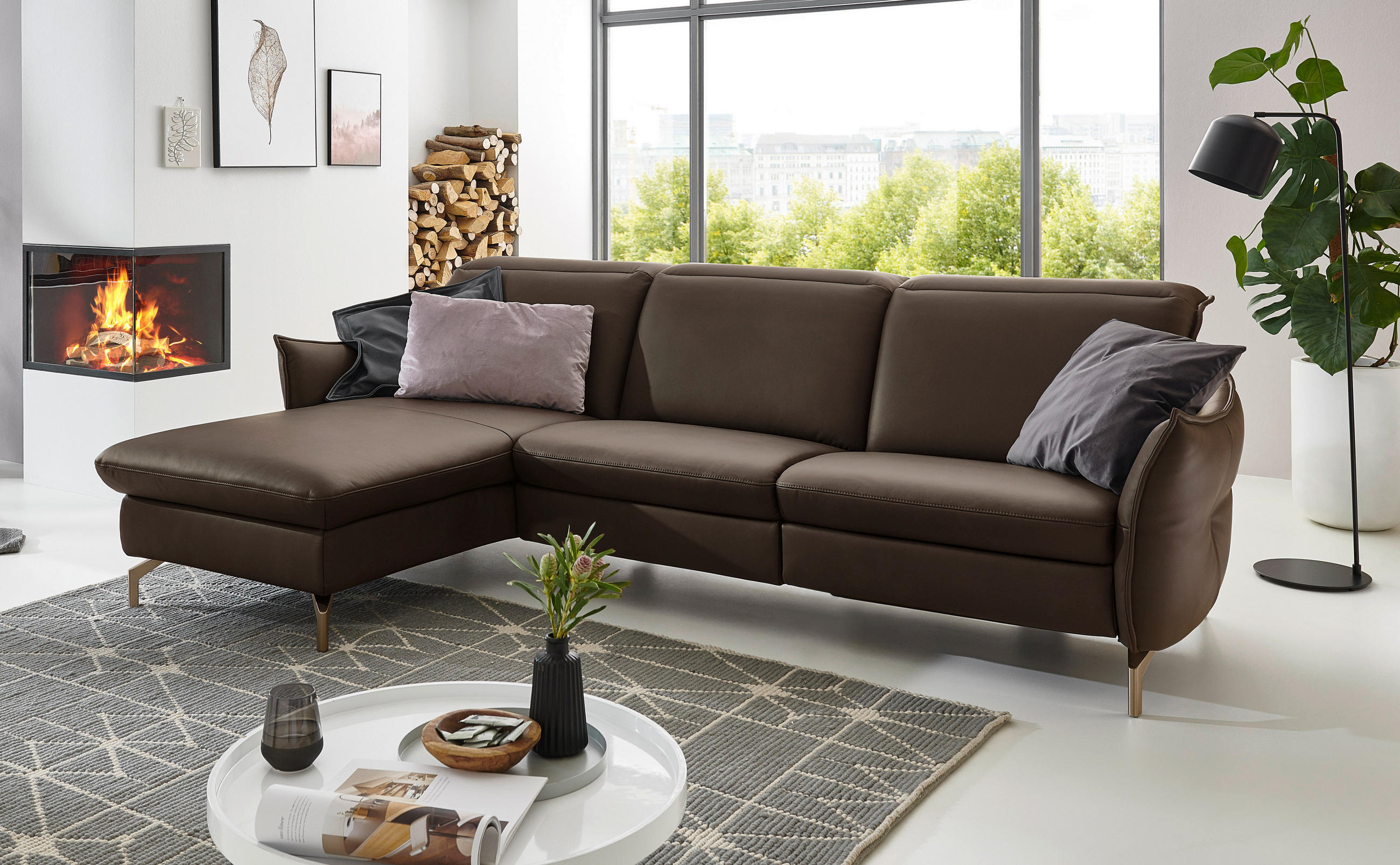 ECKSOFA Lederlook (vegan) Dunkelbraun  - Dunkelbraun/Nickelfarben, Modern, Textil/Metall (179/233cm) - Livetastic
