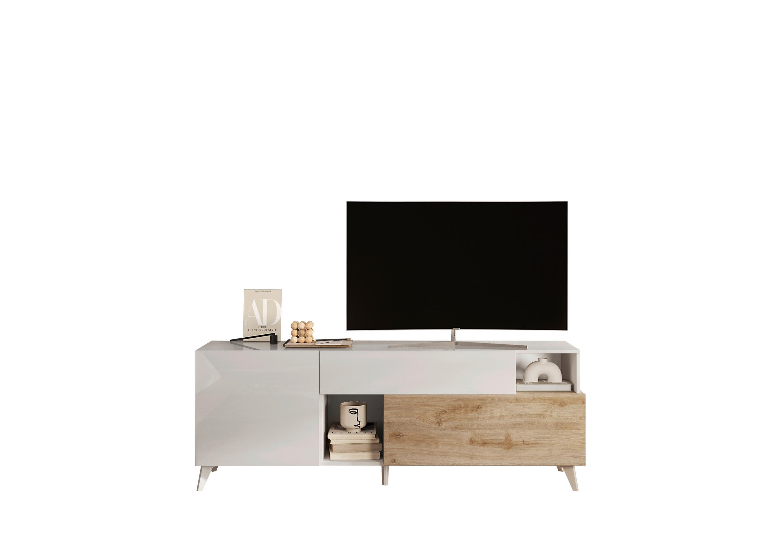 KOMODA POD TELEVIZI, barvy dubu, vysoce lesklá bílá, 181/67/42 cm - bílá/barvy dubu, Moderní, kompozitní dřevo/plast (181/67/42cm) - Carryhome