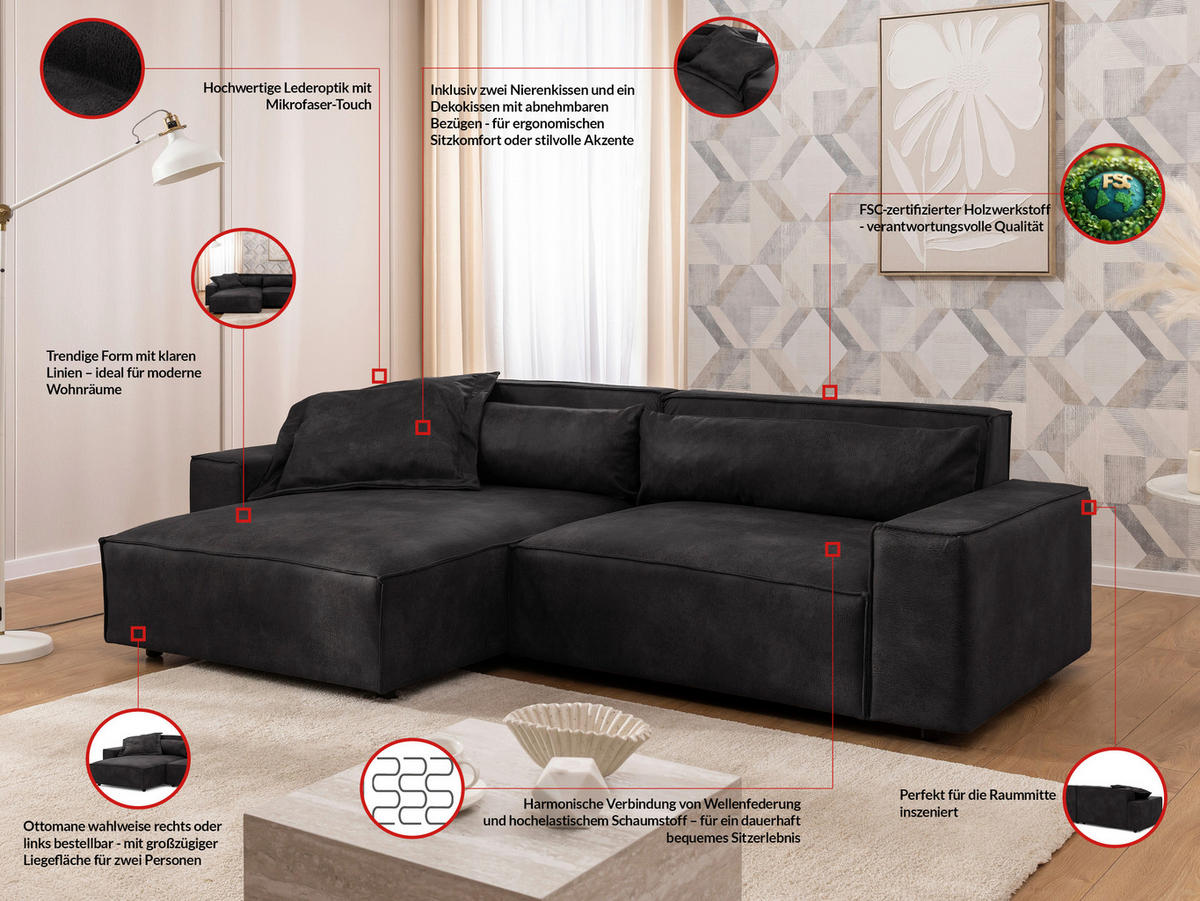 ECKSOFA Curduroy in Lederlook Anthrazit Rückenkissen  251/142 cm  - Anthrazit/Schwarz, Design, Kunststoff/Textil (251/142cm) - P & B