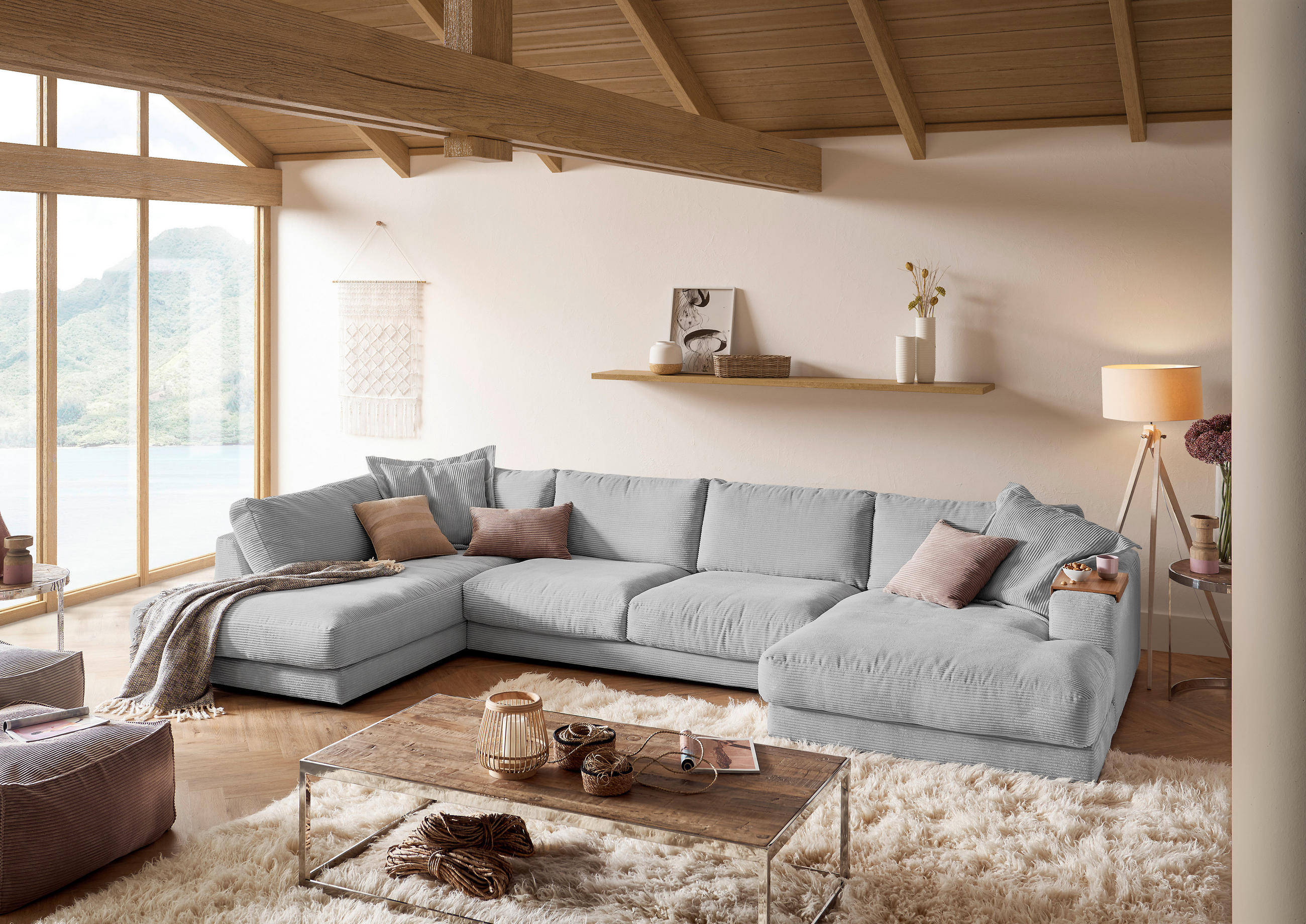 WOHNLANDSCHAFT Grau Cord - Schwarz/Grau, Design, Kunststoff/Textil (224/425/190cm) - Hom`in